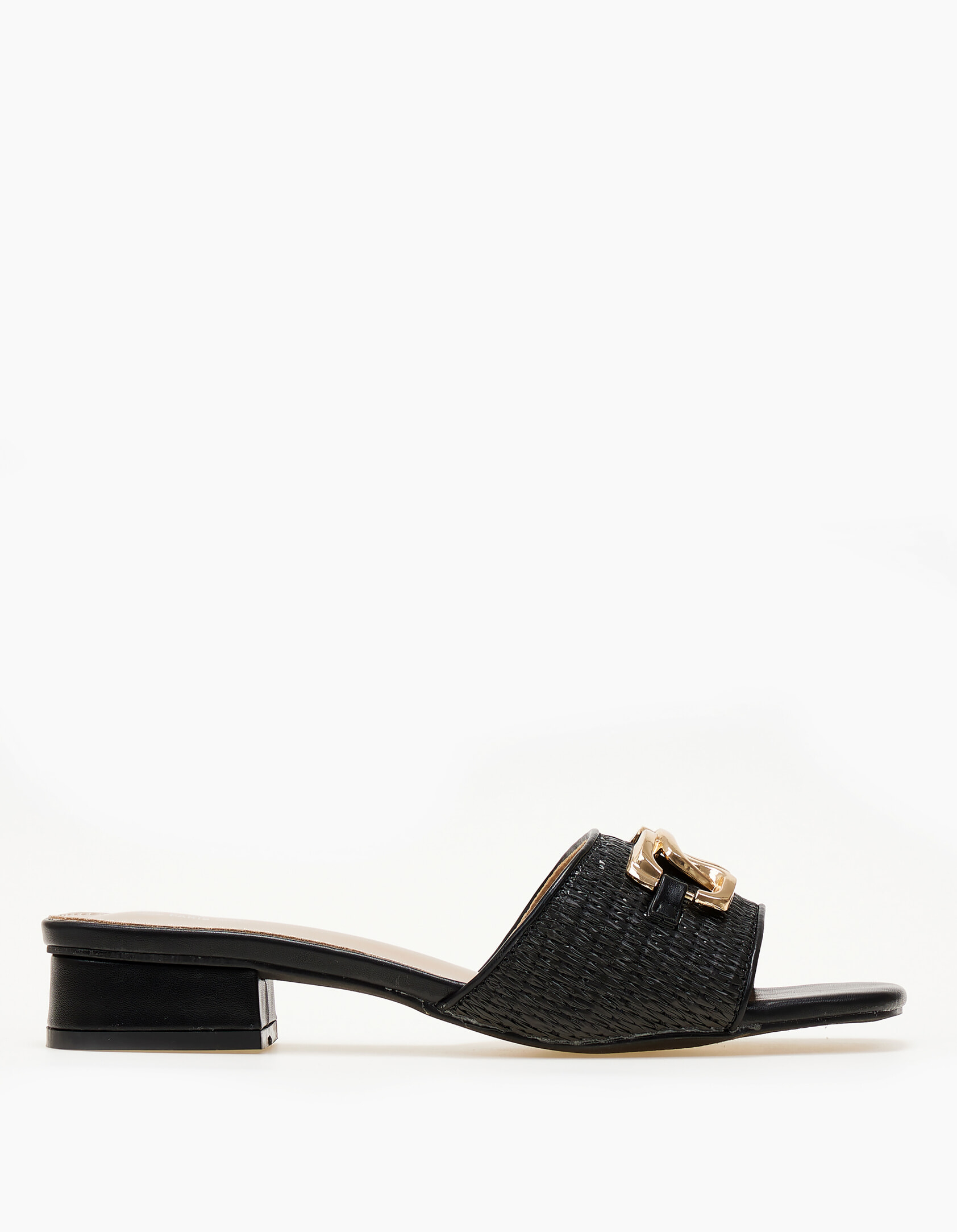 Χαμηλά mules σε καρέ γραμμή με μεταλλική λεπτομέρεια - Μαύρο φωτογραφία