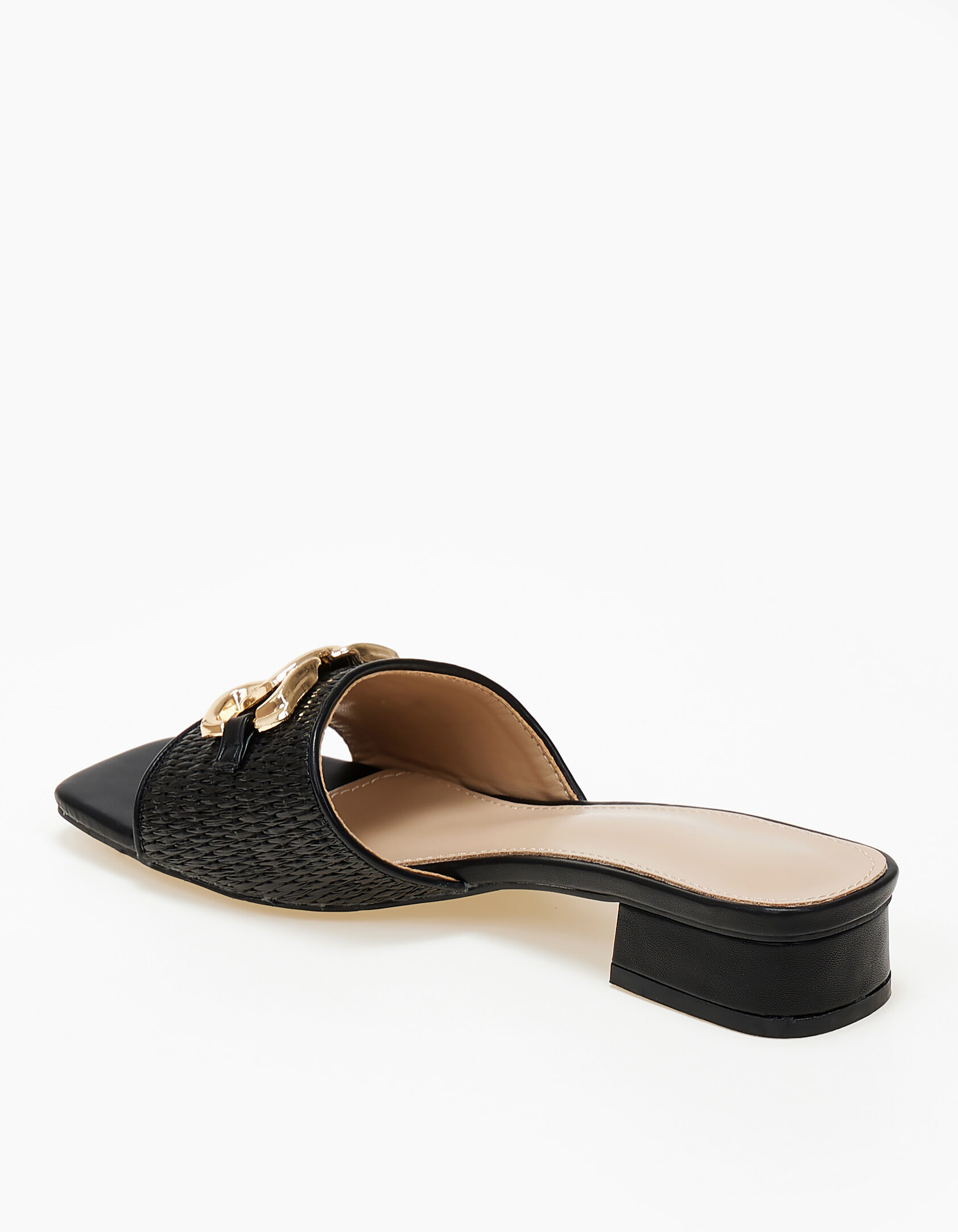 Χαμηλά mules σε καρέ γραμμή με μεταλλική λεπτομέρεια - Μαύρο φωτογραφία