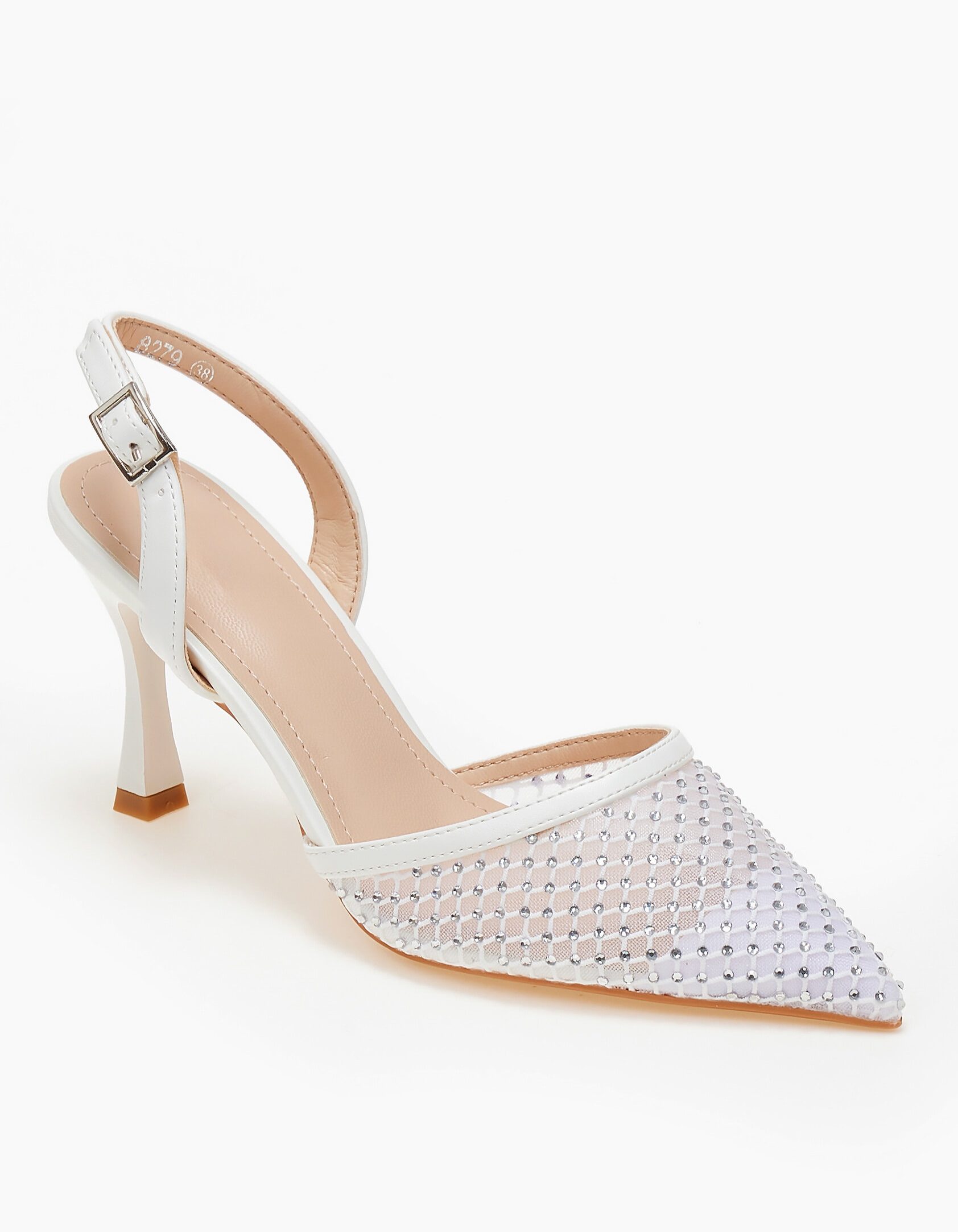 Slingback γόβες με δίχτυ και στράς - Λευκό