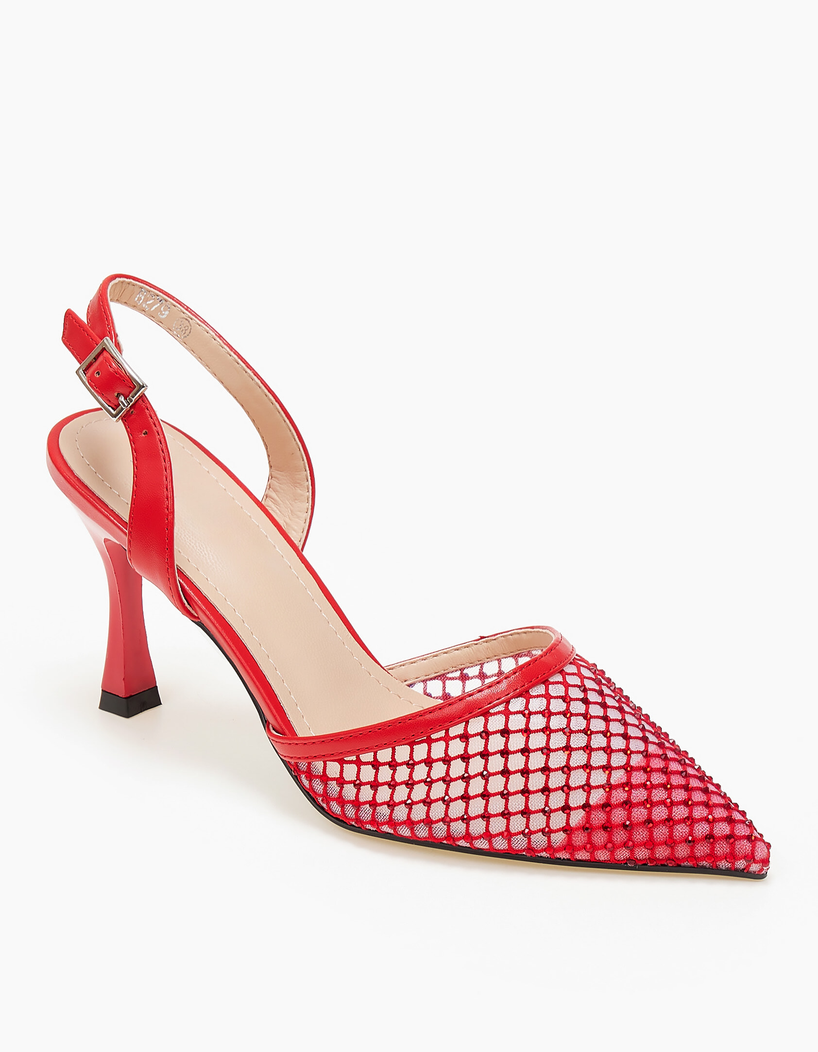 Slingback γόβες με δίχτυ και στράς - Κόκκινο