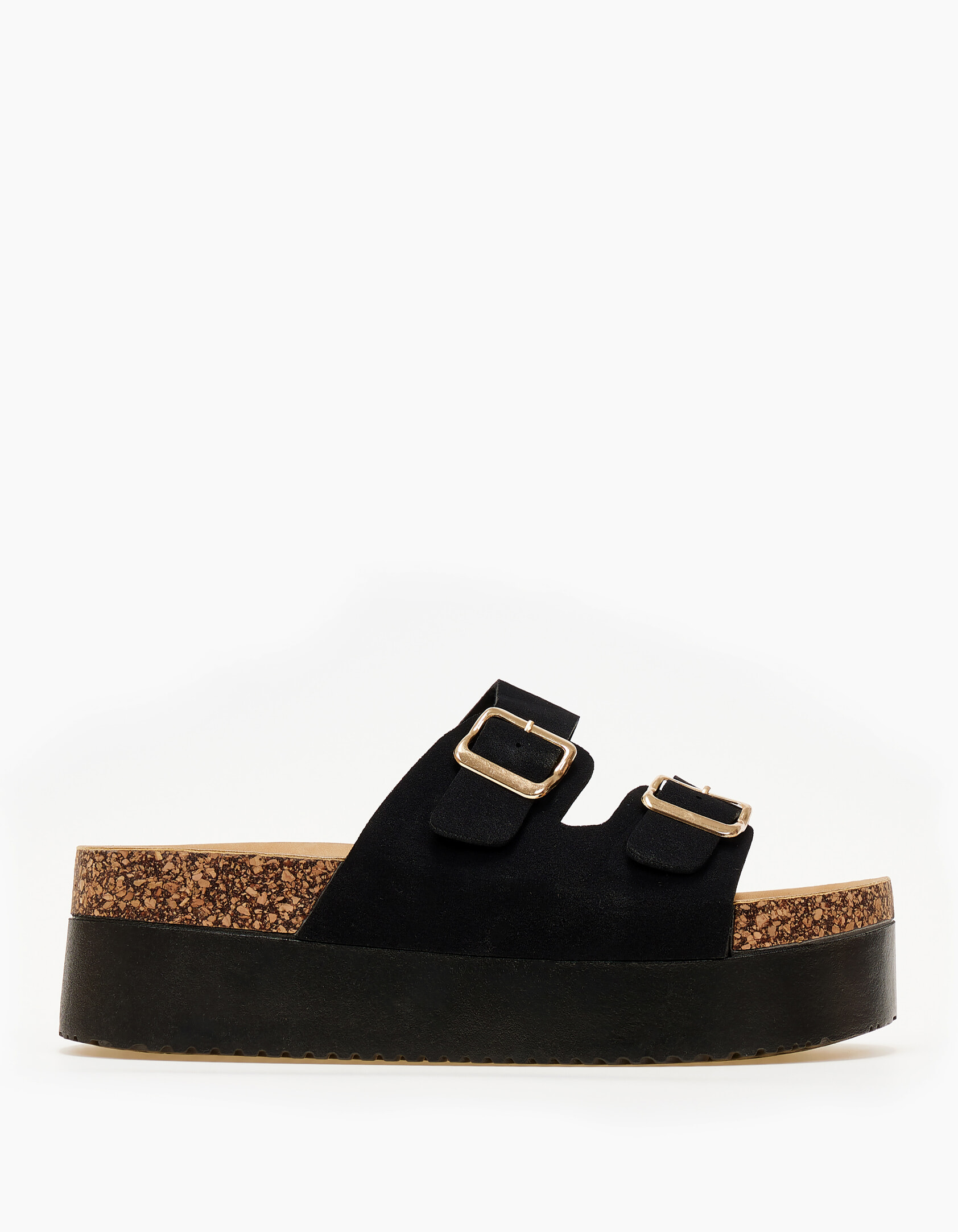 Ψηλά σανδάλια flatform με suede υφή και αγκράφες - Μαύρο
