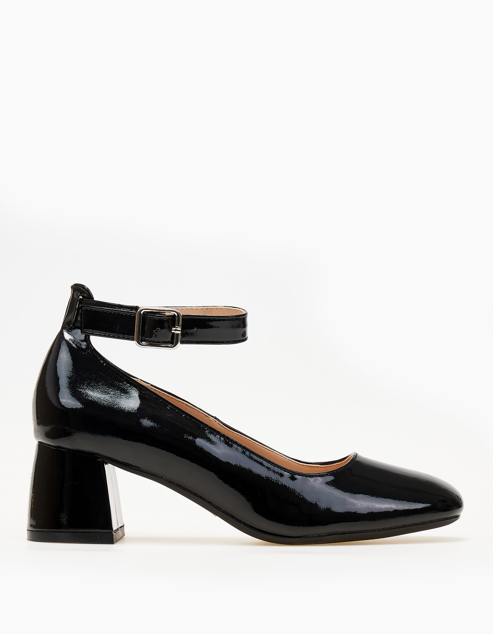 Γόβες λουστρίνι με χοντρό τακούνι και μπαρέτα - Μαύρο