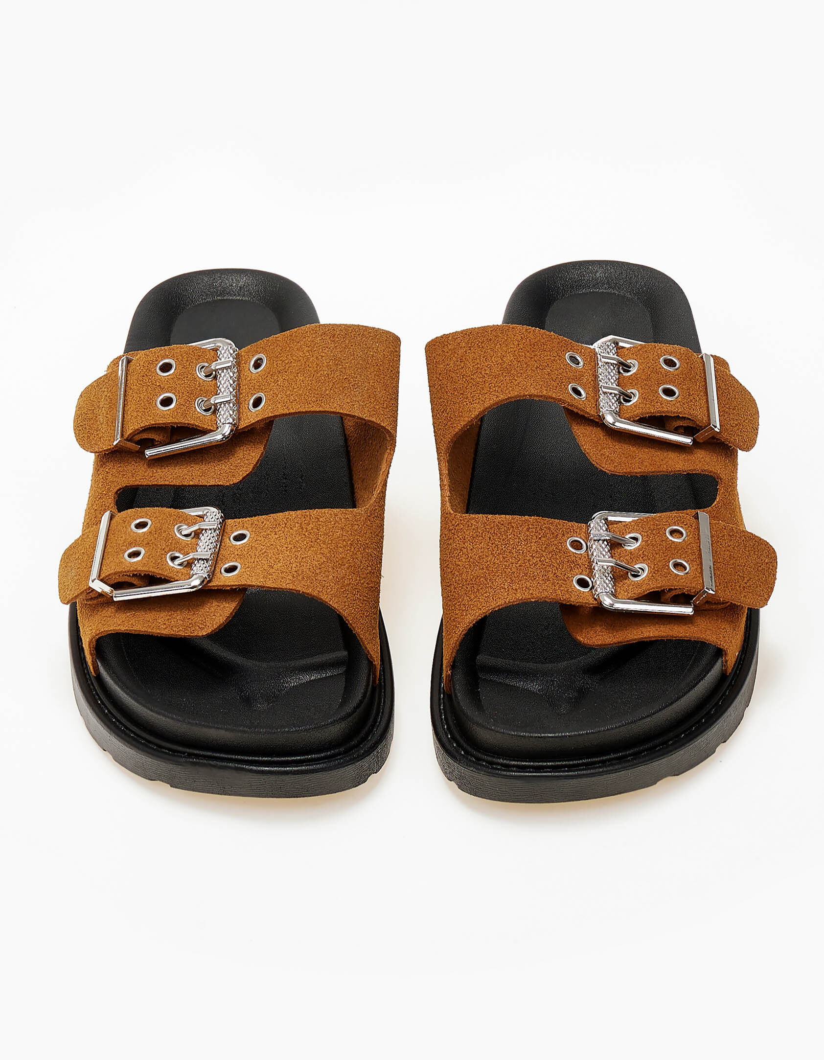 Flatform σανδάλια με ρυθμιζόμενα λουριά και suede υφή - Κάμελ