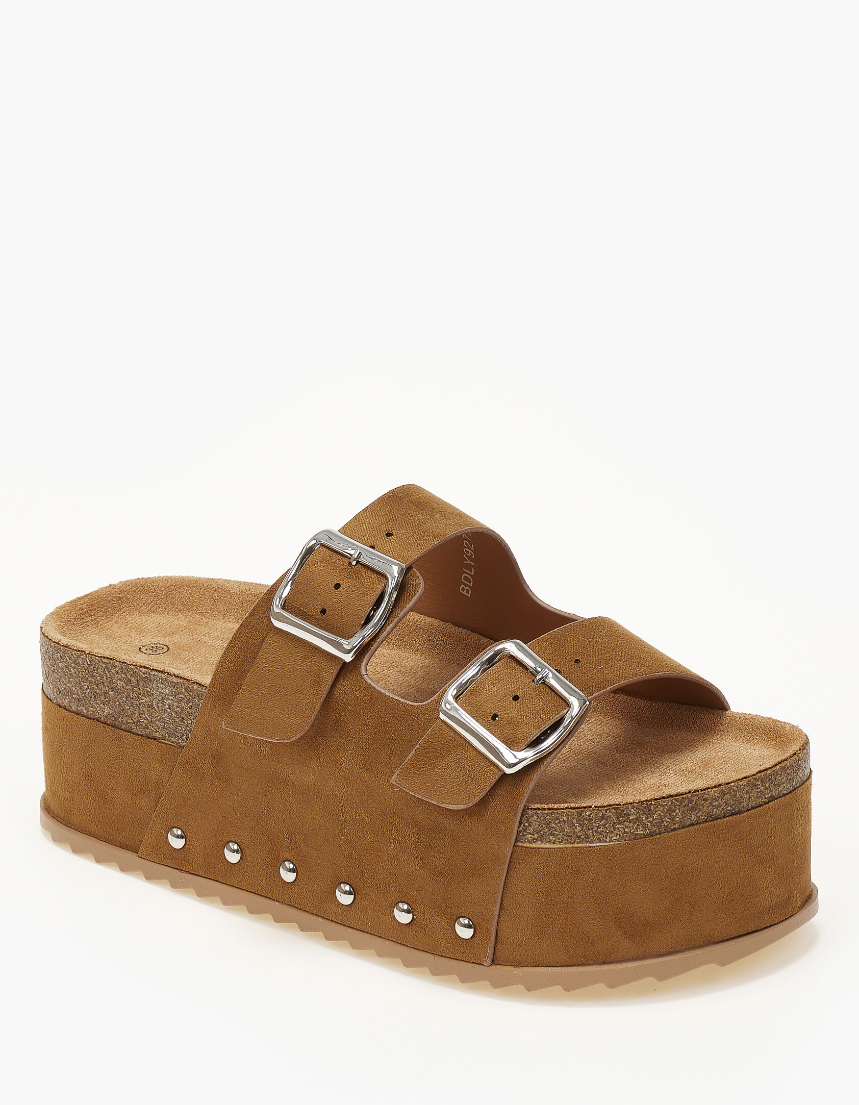 Ψηλά σανδάλια flatform με αγκράφες και suede υφή - Κάμελ