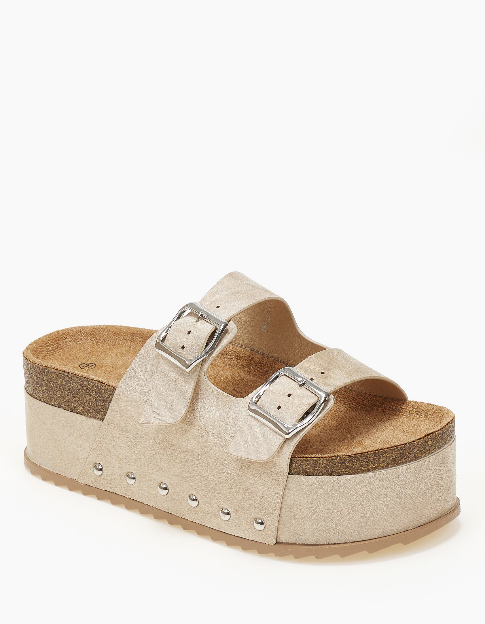 Ψηλά σανδάλια flatform με αγκράφες και suede υφή - Μπεζ