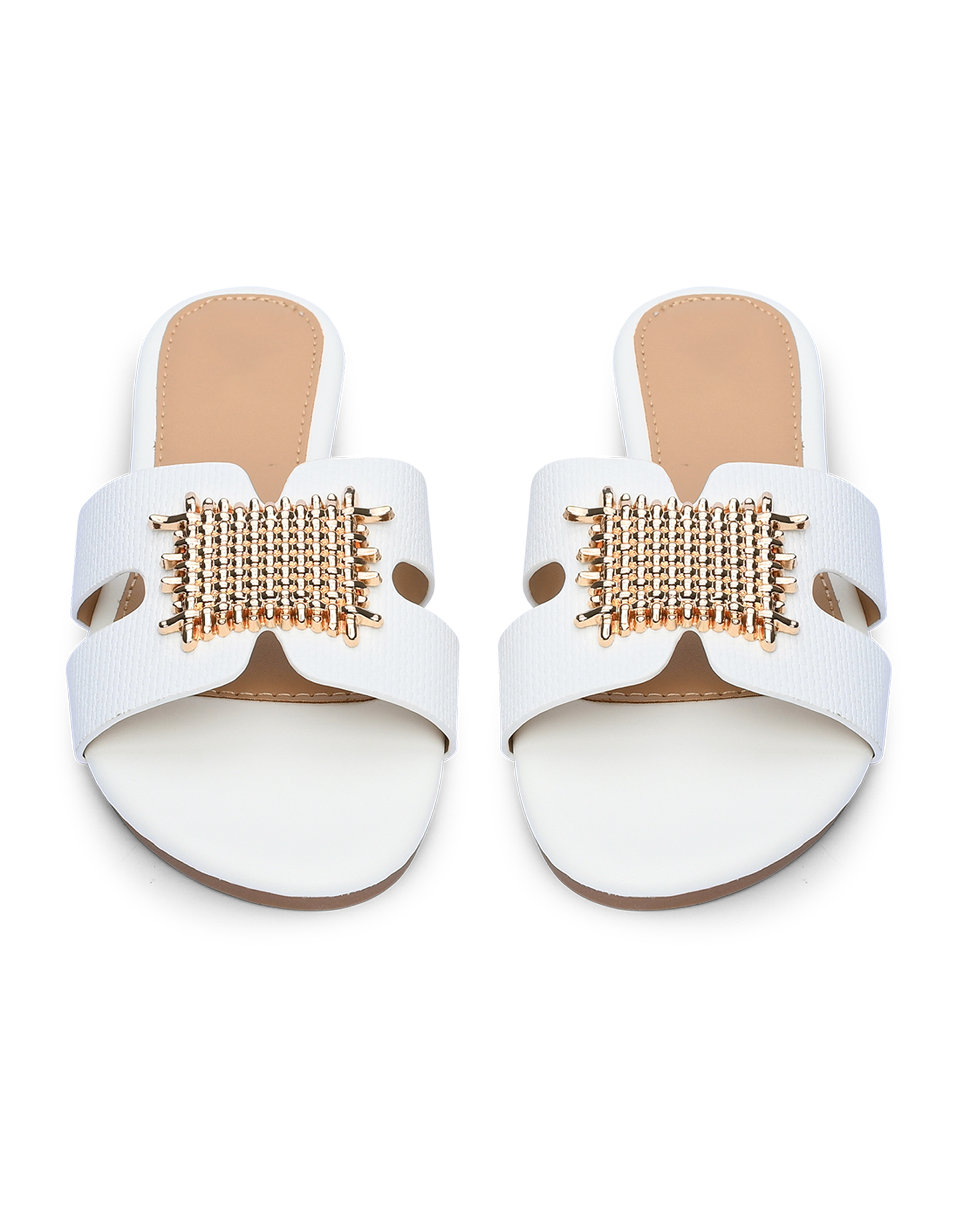 Φλατ mules με μεταλλική λεπτομέρεια - Λευκό φωτογραφία