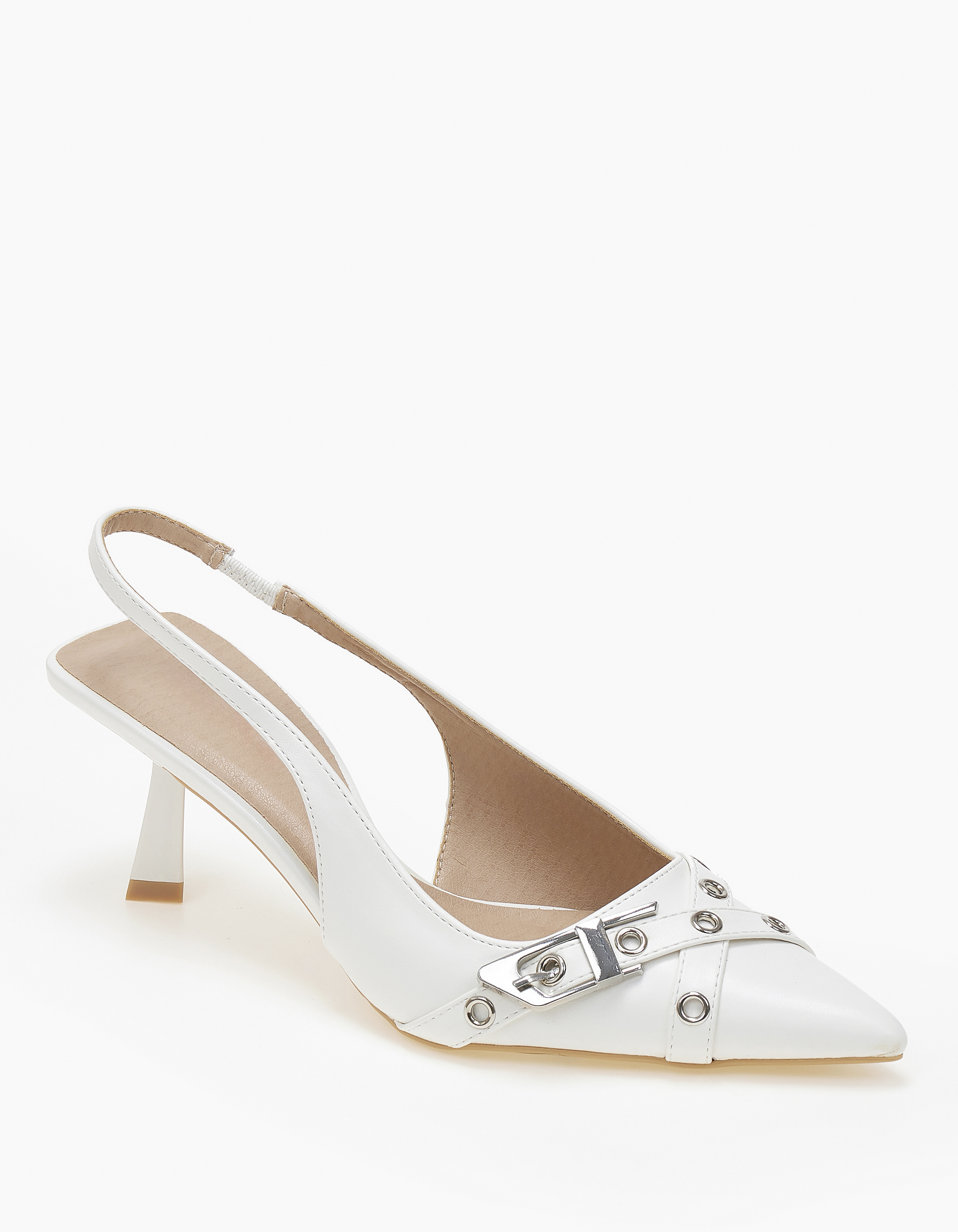 Μυτερές slingback γόβες με μεταλλικές λεπτομέρειες - Λευκό