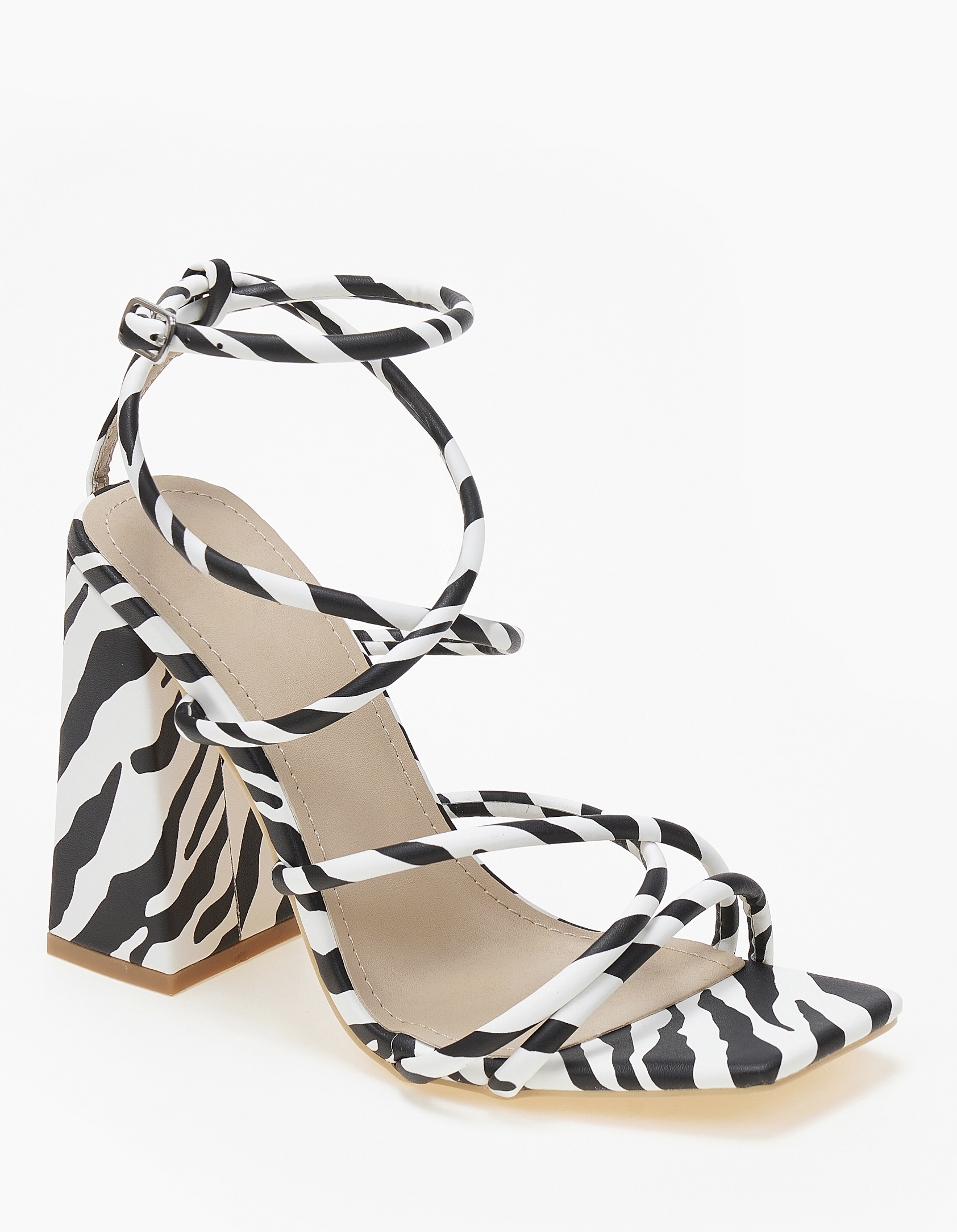 Ψηλά πέδιλα με χοντρό τακούνι σε καρέ γραμμή - Zebra