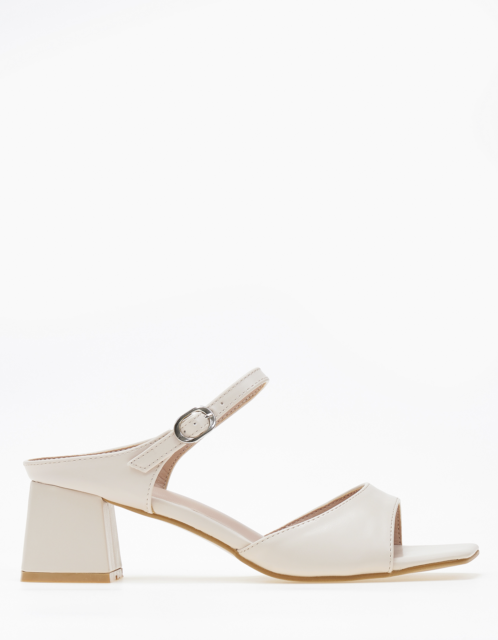 Πέδιλα - mules σε καρέ γραμμή με χοντρό τακούνι - Μπεζ