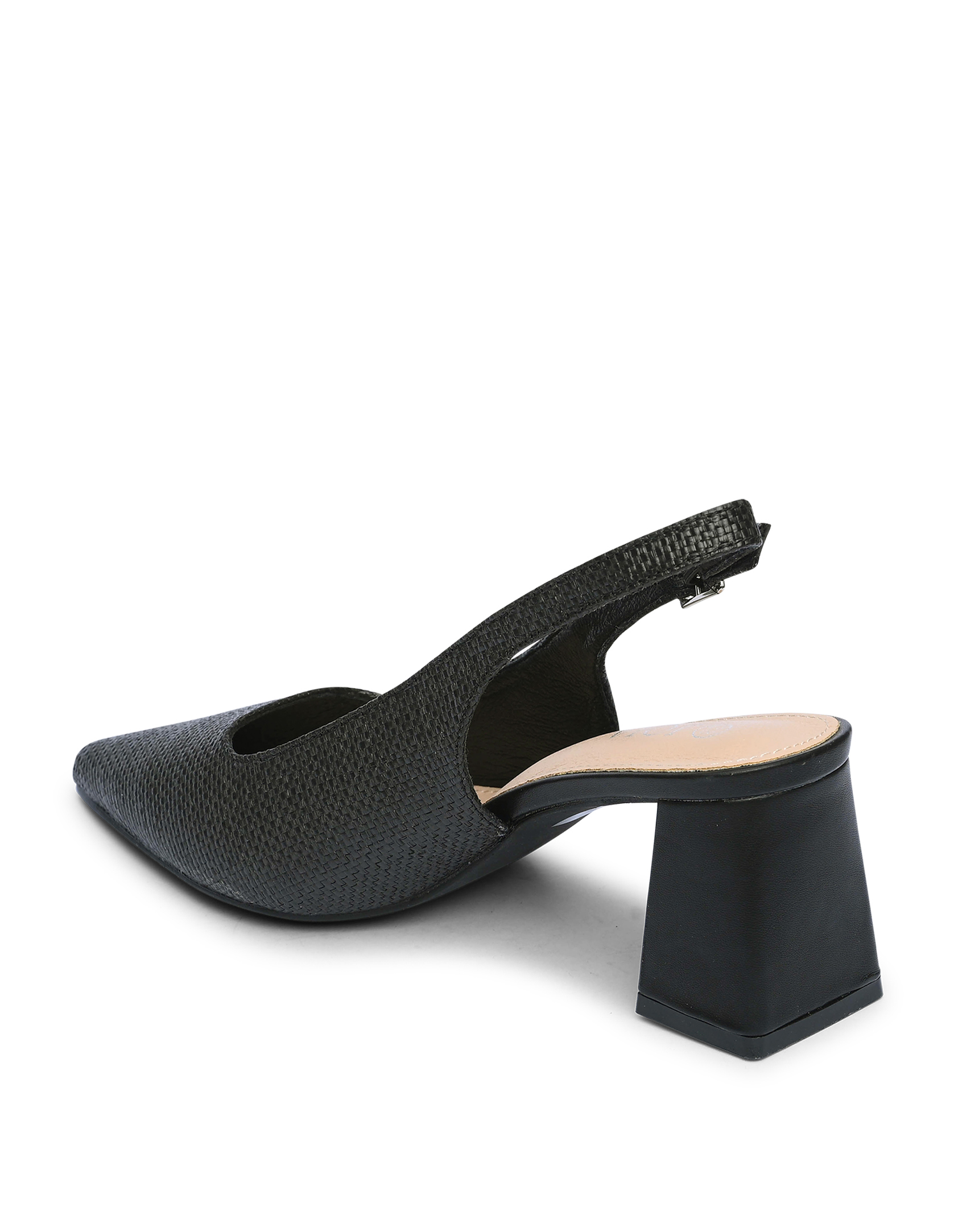 Open heel μυτερές γόβες με χοντρό τακούνι και σχέδιο ψάθας - Μαύρο φωτογραφία