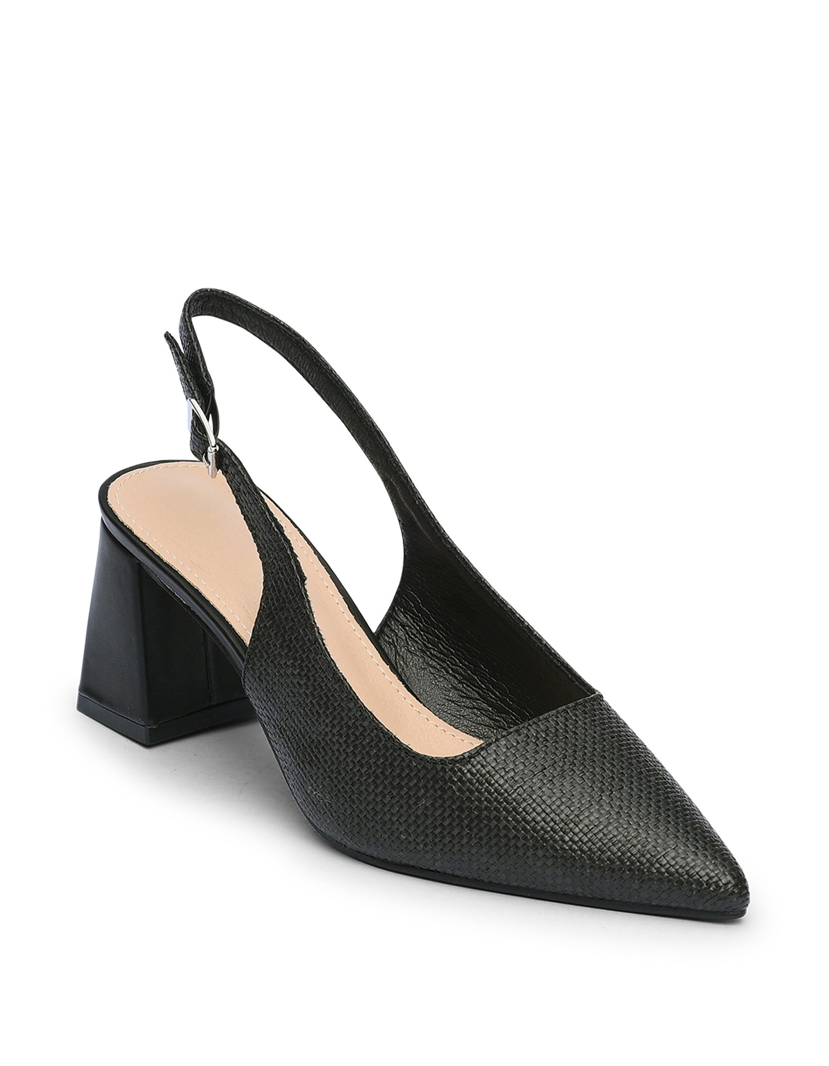 Open heel μυτερές γόβες με χοντρό τακούνι και σχέδιο ψάθας - Μαύρο φωτογραφία