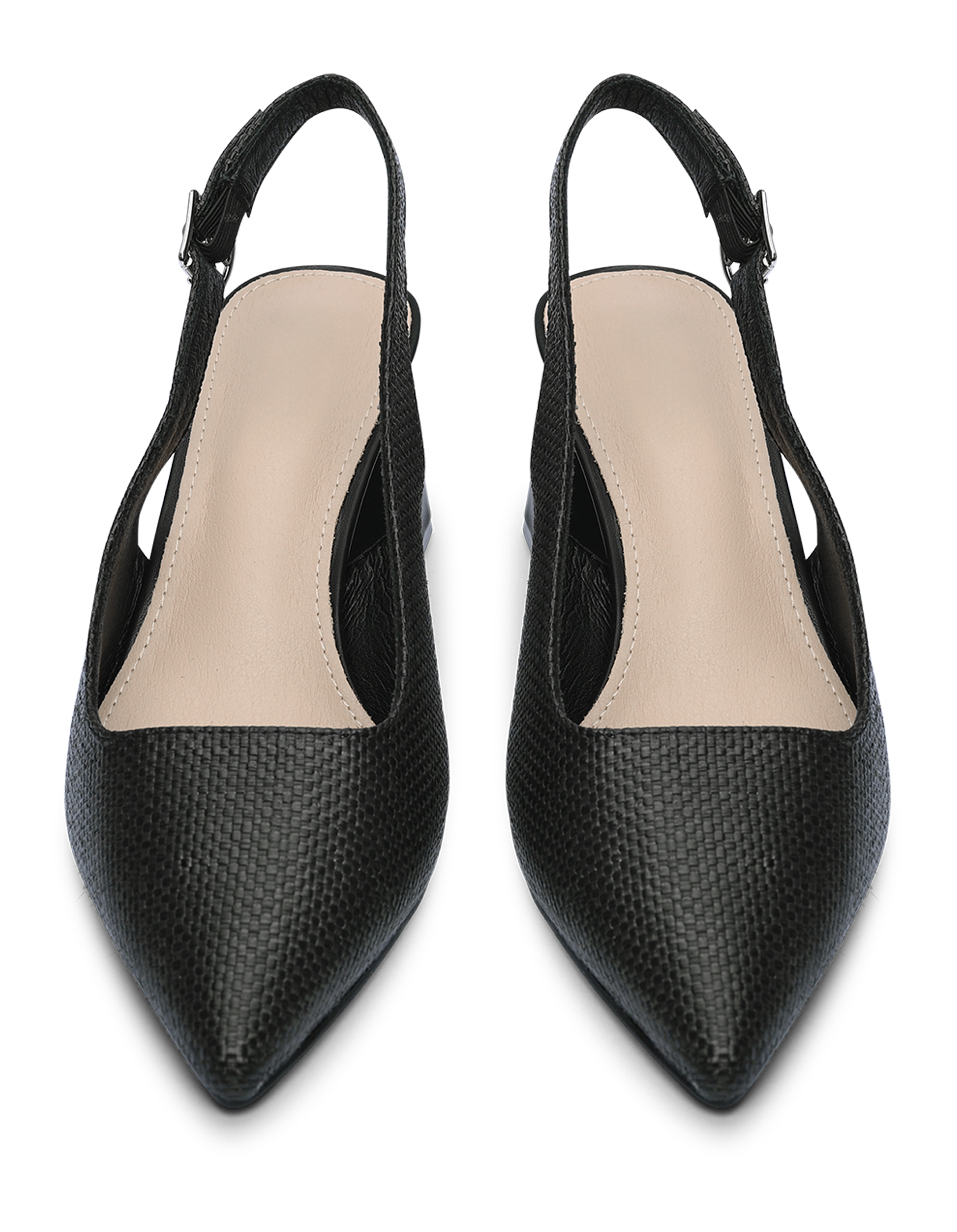 Open heel μυτερές γόβες με χοντρό τακούνι και σχέδιο ψάθας - Μαύρο φωτογραφία