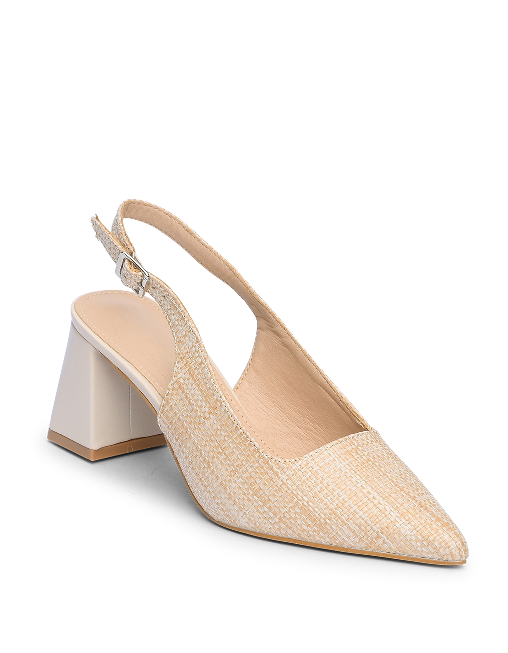 Open heel μυτερές γόβες με χοντρό τακούνι και σχέδιο ψάθας - Μπεζ φωτογραφία
