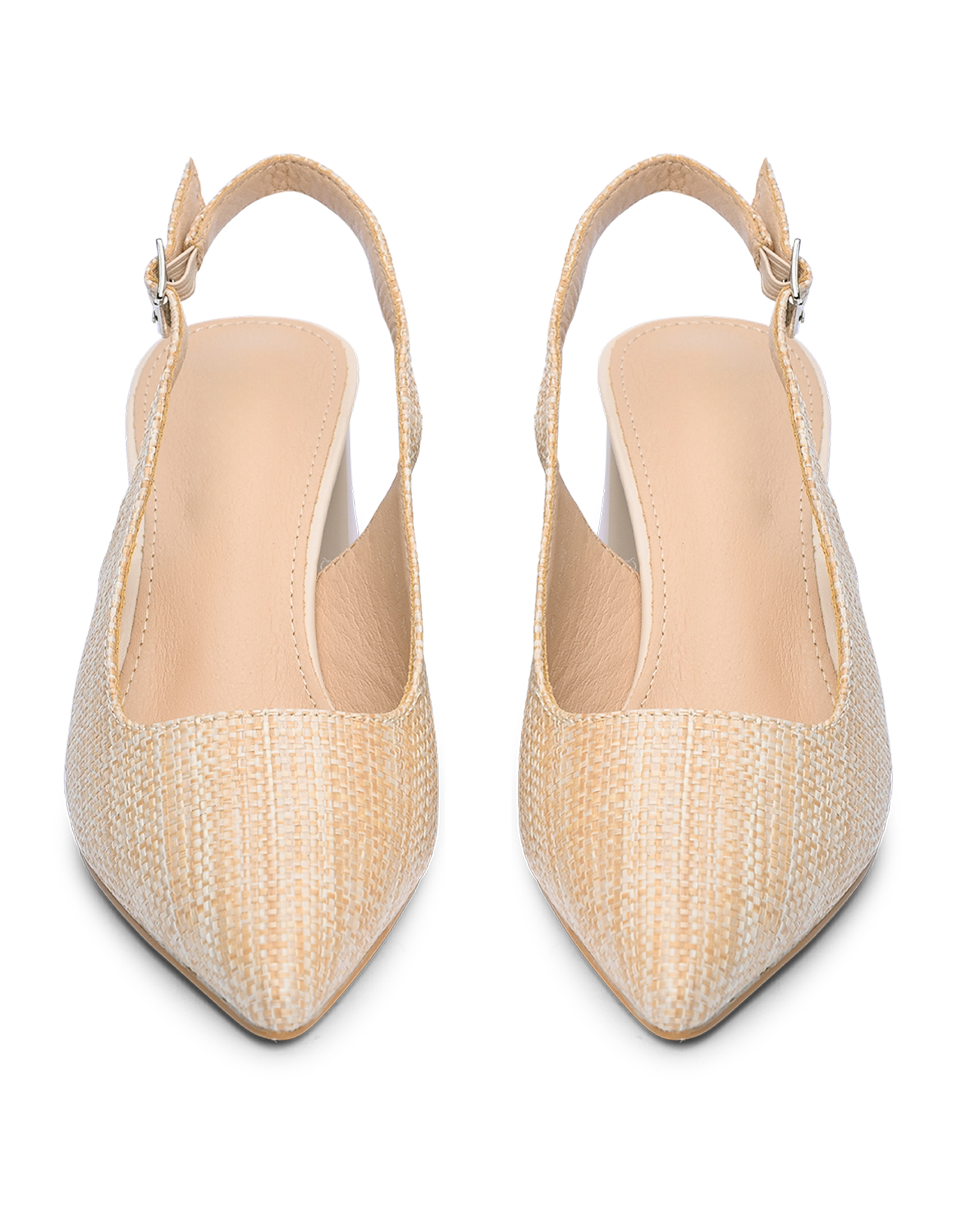 Open heel μυτερές γόβες με χοντρό τακούνι και σχέδιο ψάθας - Μπεζ φωτογραφία