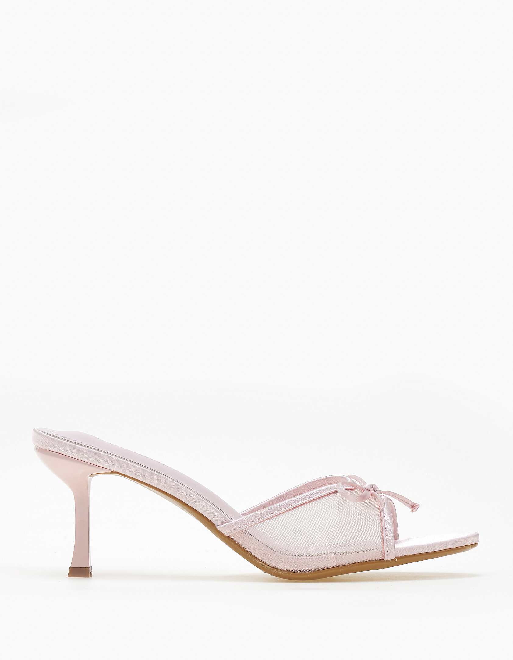 Σατεν mules με λεπτό τακούνι, δίχτυ και φιόγκο - Ροζ φωτογραφία