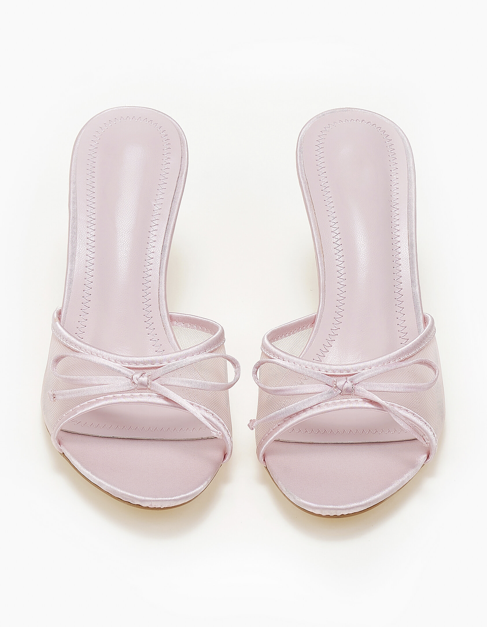 Σατεν mules με λεπτό τακούνι, δίχτυ και φιόγκο - Ροζ φωτογραφία