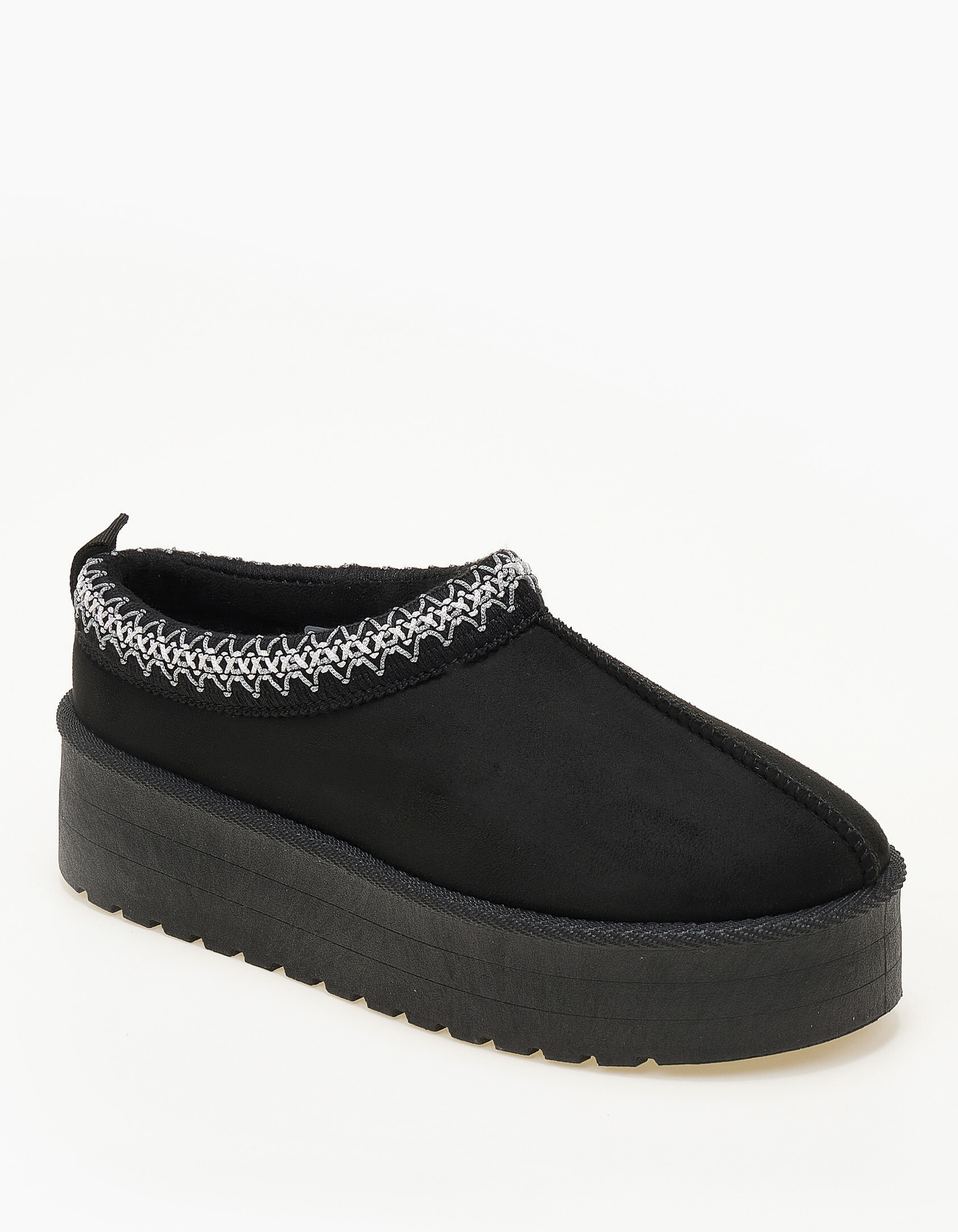 Δίσολες παντόφλες με γούνα και κέντημα - Μαύρο