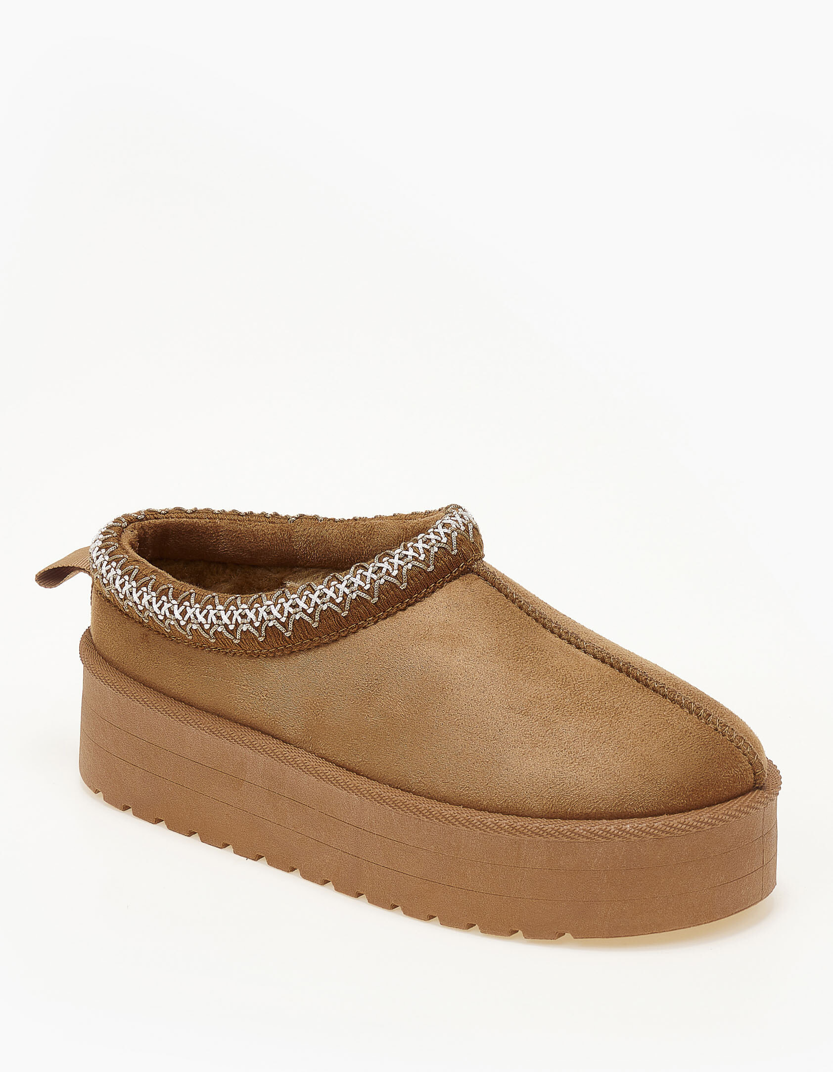 Δίσολες παντόφλες με γούνα και κέντημα - Κάμελ