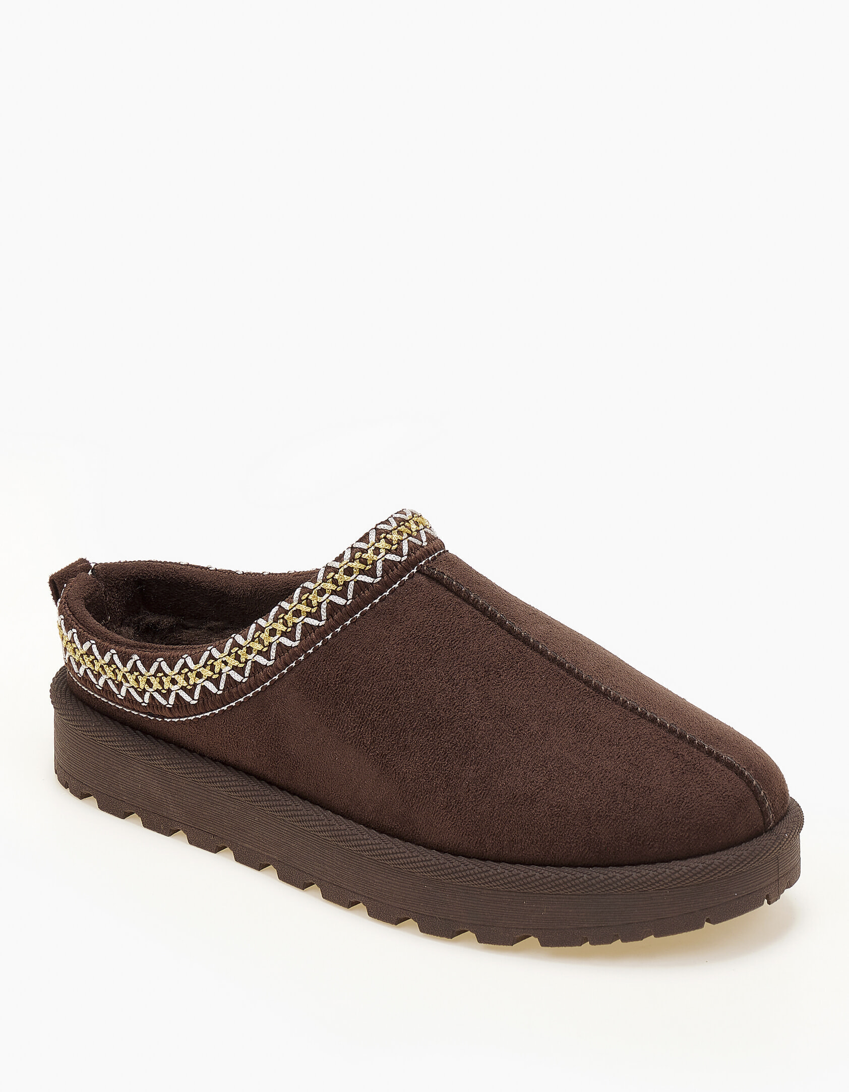 Παντόφλες με γούνα και κέντημα - Καφέ