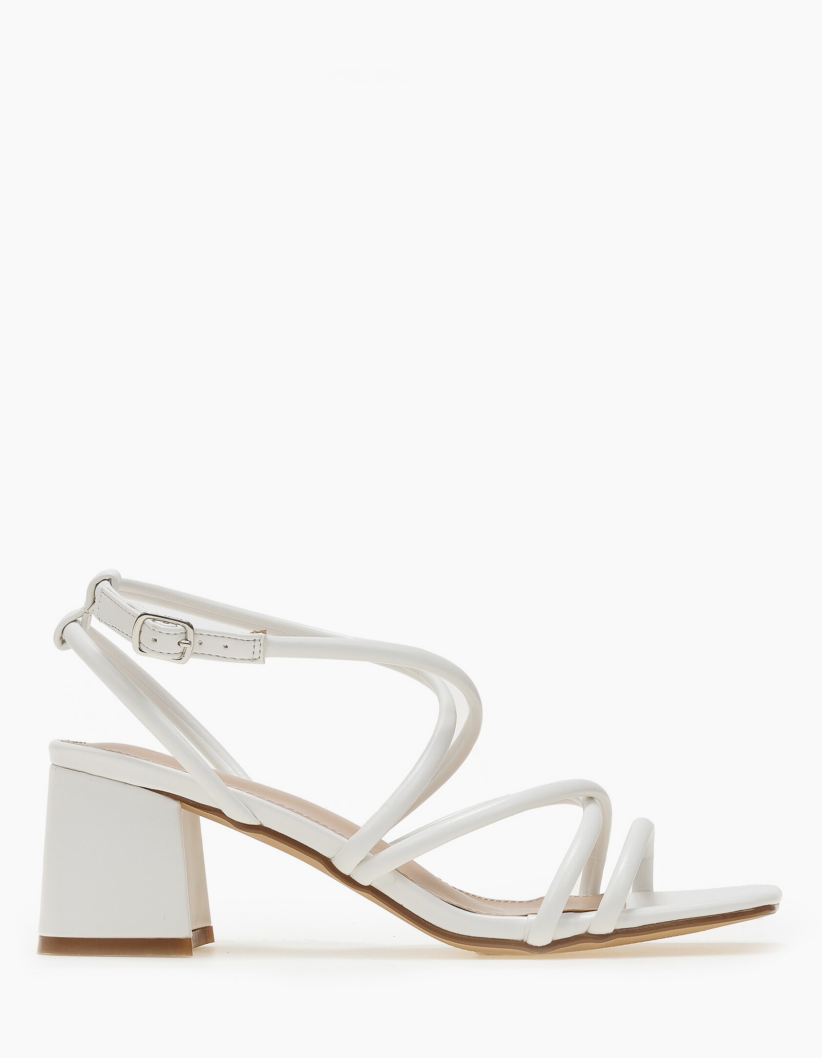 Γυναικεία πέδιλα με χοντρό τακούνι σε καρέ γραμμή - Λευκό