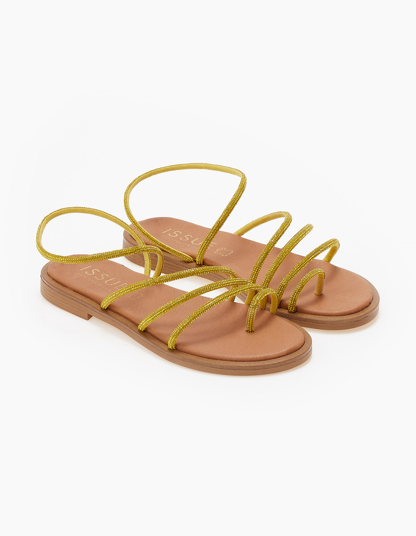 Δερμάτινα σανδάλια με strass λουράκια - Κίτρινο Παπούτσια > Σανδάλια