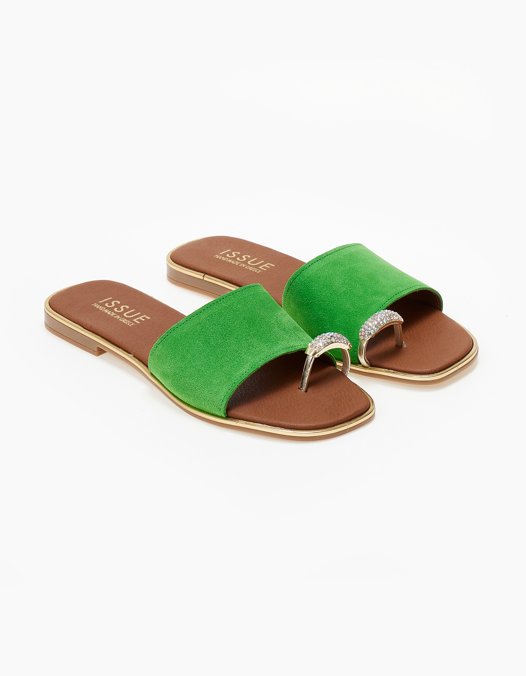 Φλατ σανδάλια ελληνικής κατασκευής με suede φάσα και δαχτυλίδι - Πράσινο