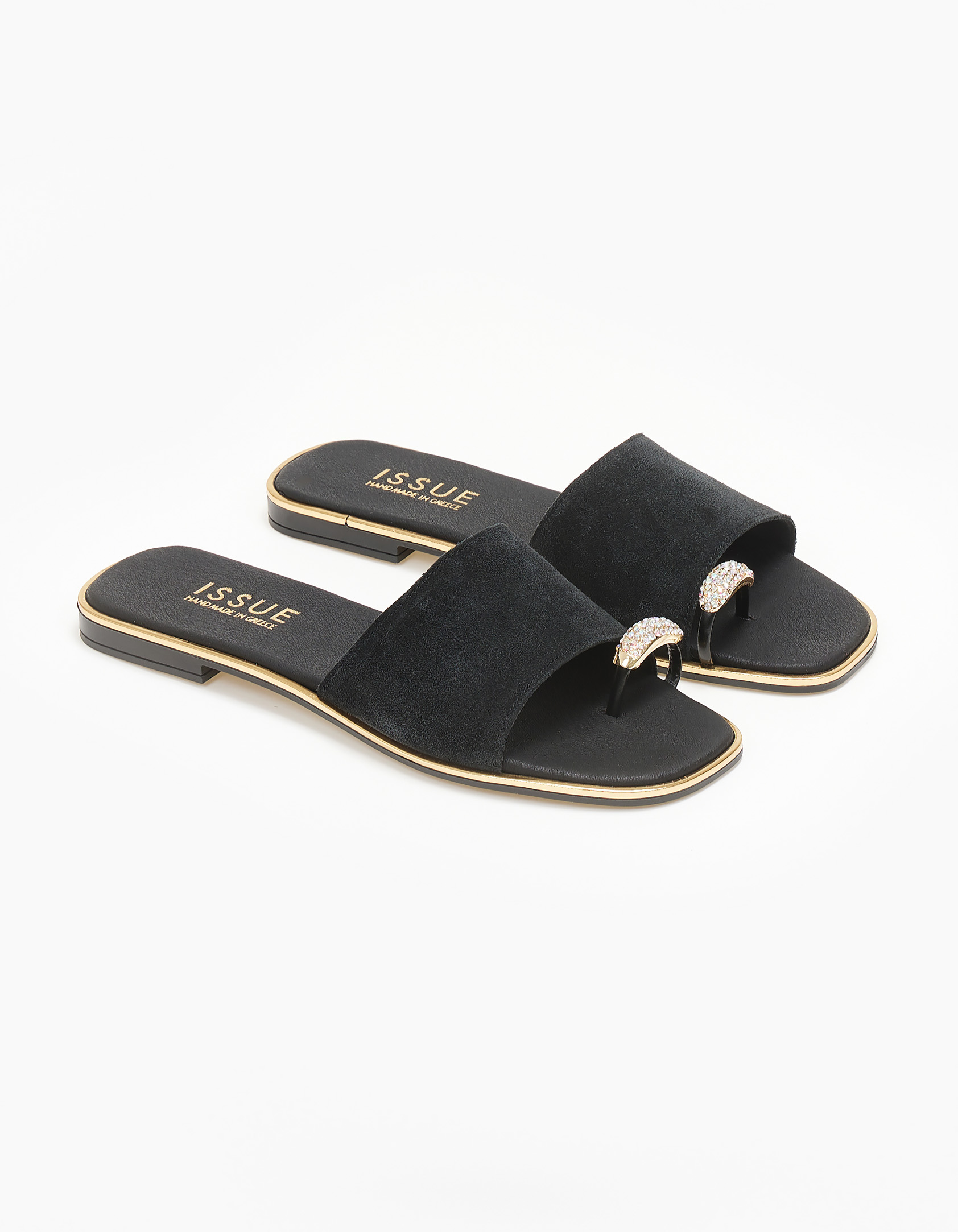 Φλατ σανδάλια ελληνικής κατασκευής με suede φάσα και δαχτυλίδι - Μαύρο