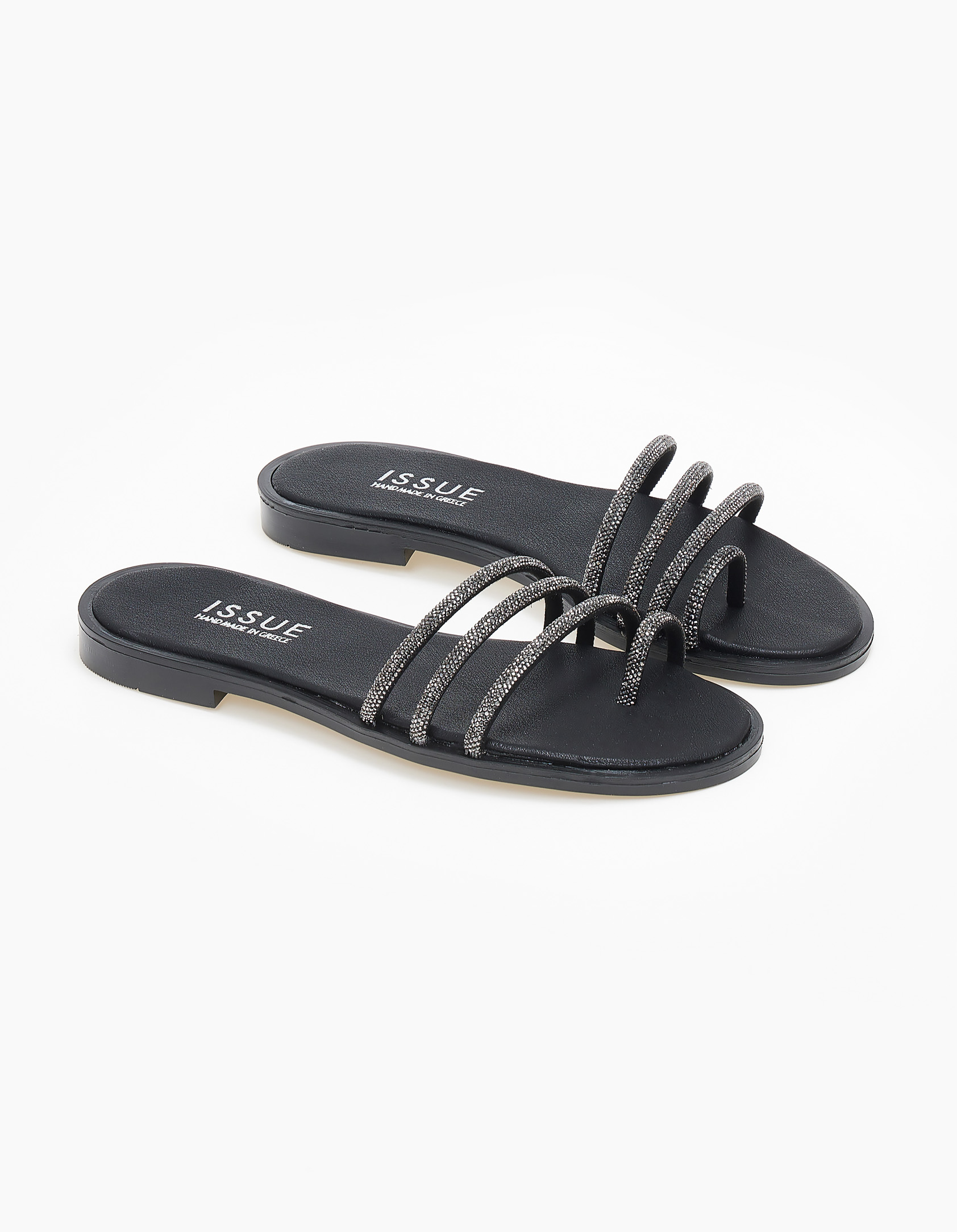 Σανδάλια με strass λουράκια ελληνικής κατασκευής - Μαύρο
