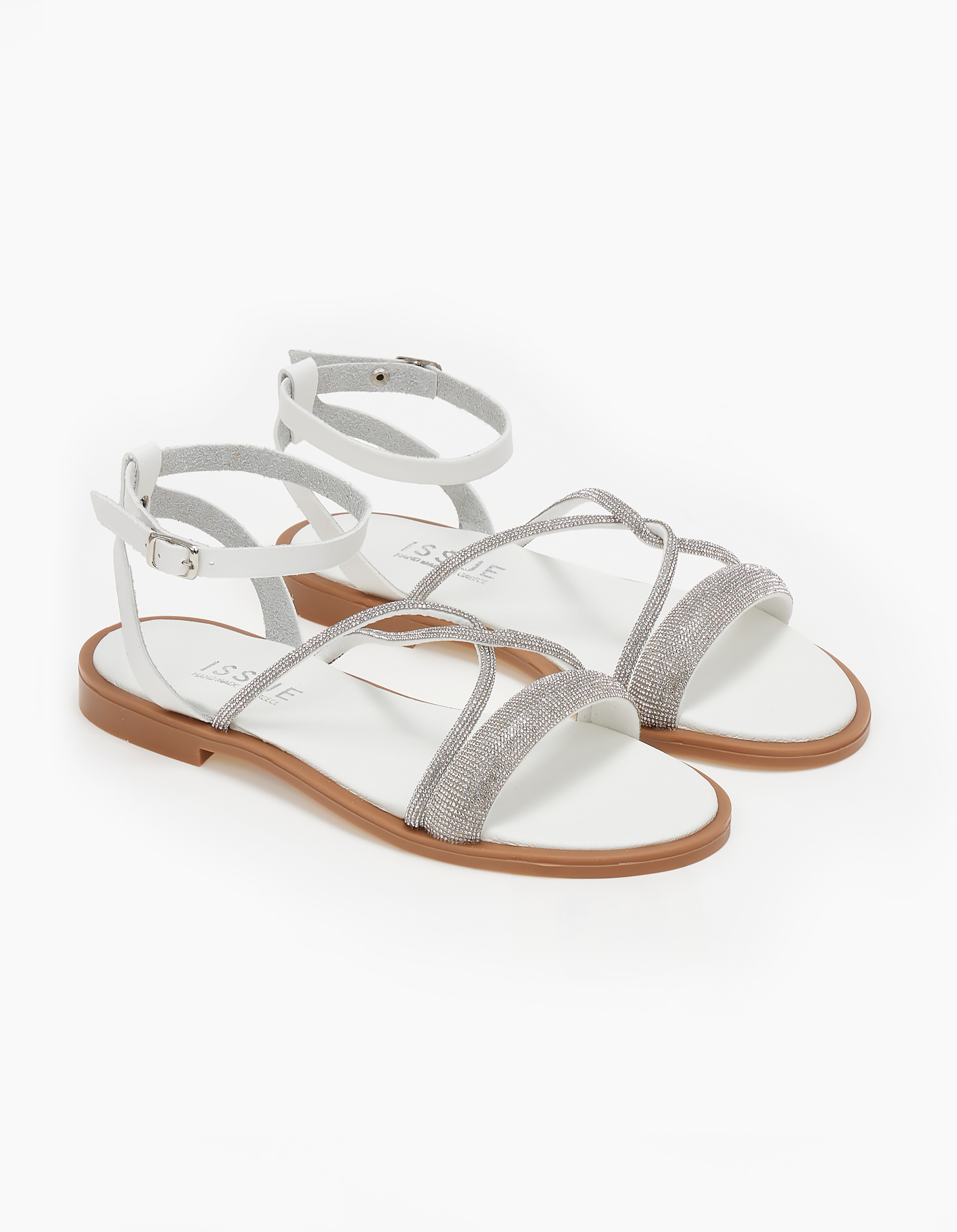 Σανδάλια ελληνικής κατασκευής με strass και μπαρέτα - Λευκό