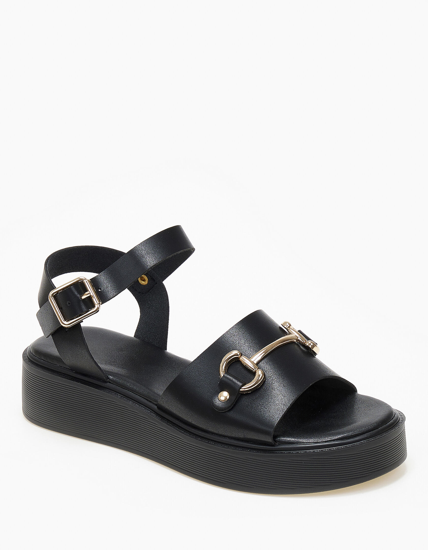 Γυναικεία σανδάλια flatform με φάσα και αγκράφα - Μαύρο