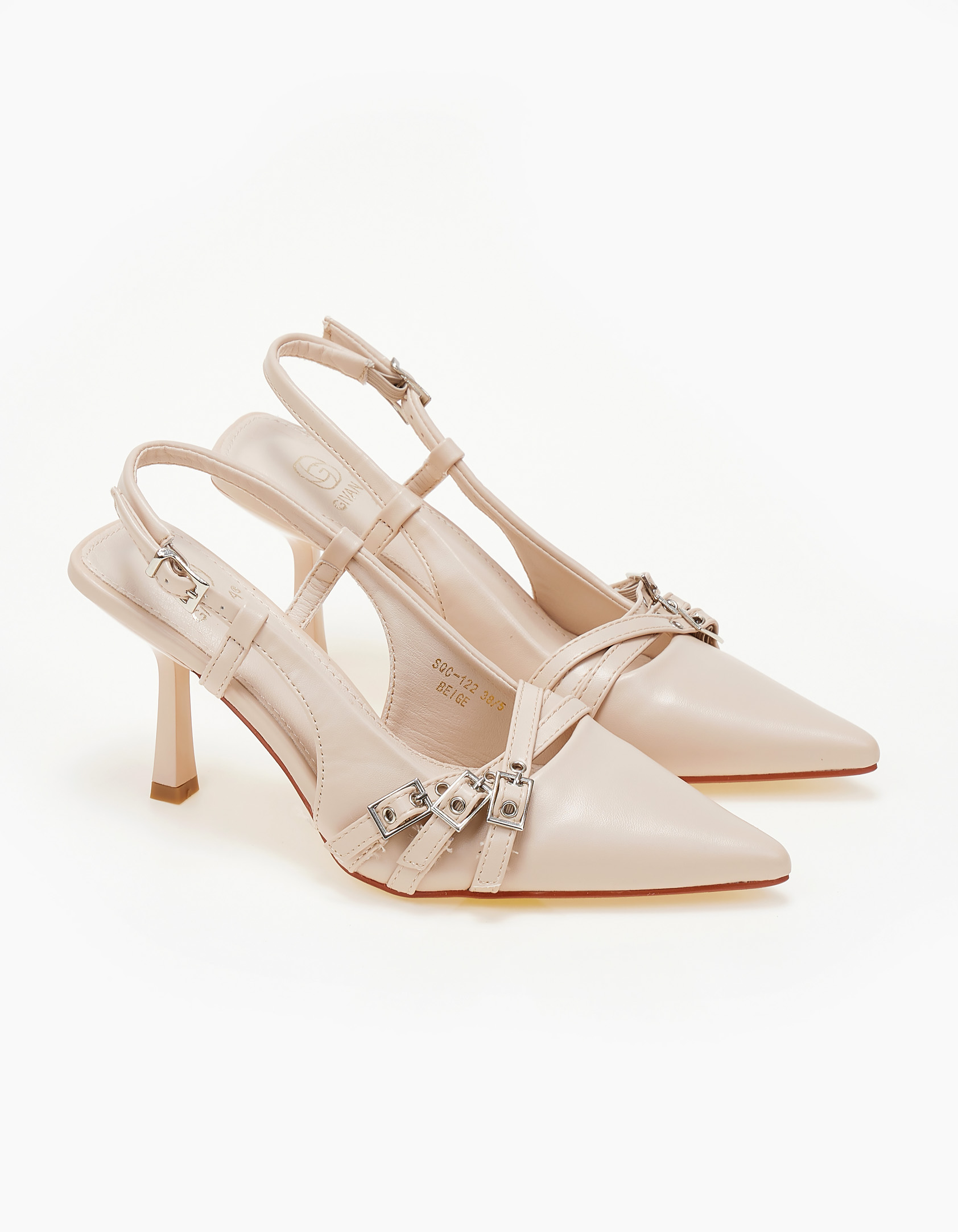 Μυτερές open heel γόβες με ζωνάκια - Μπεζ