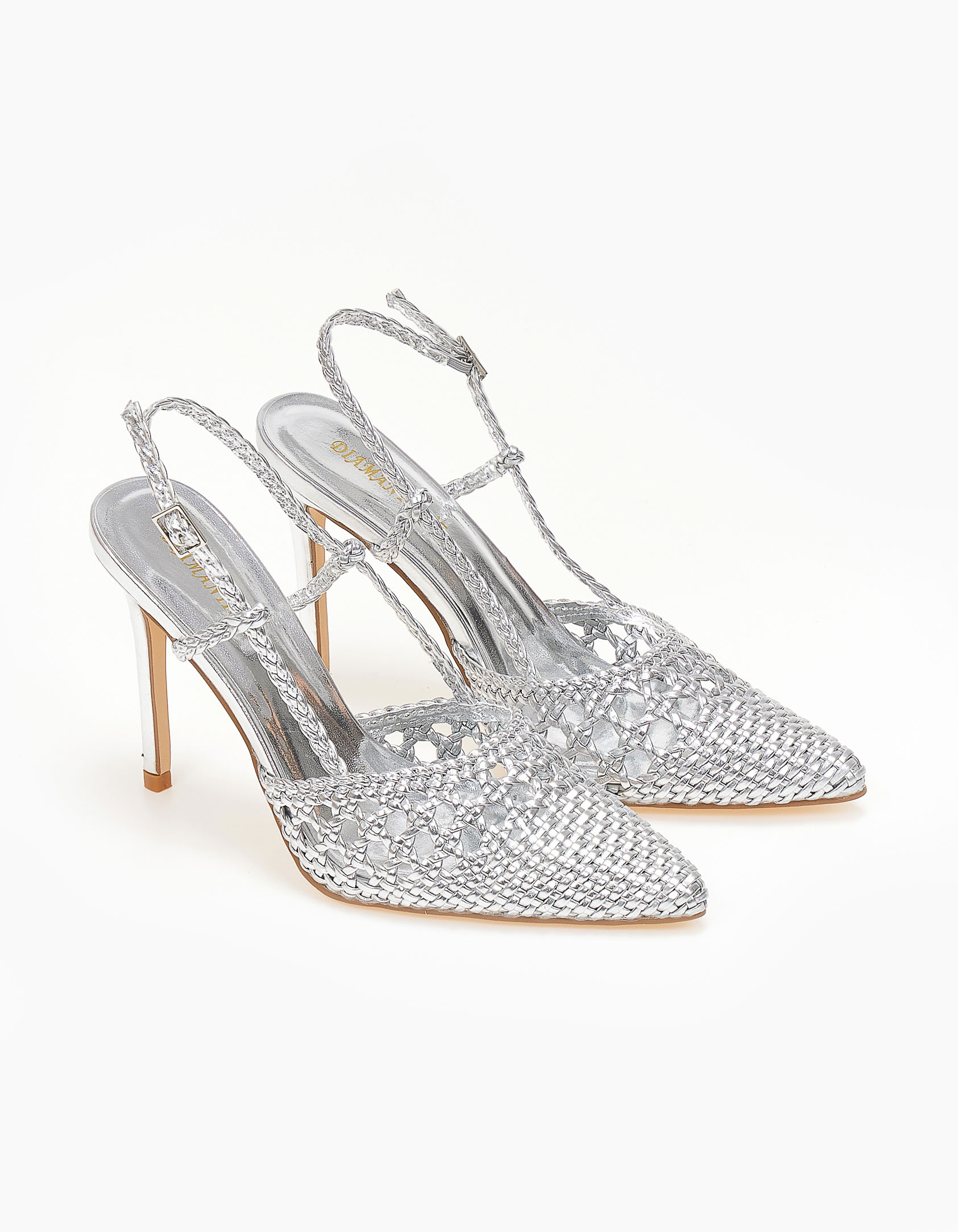 Γυναικείες μυτερές γόβες με πλεκτό σχέδιο - Ασημί