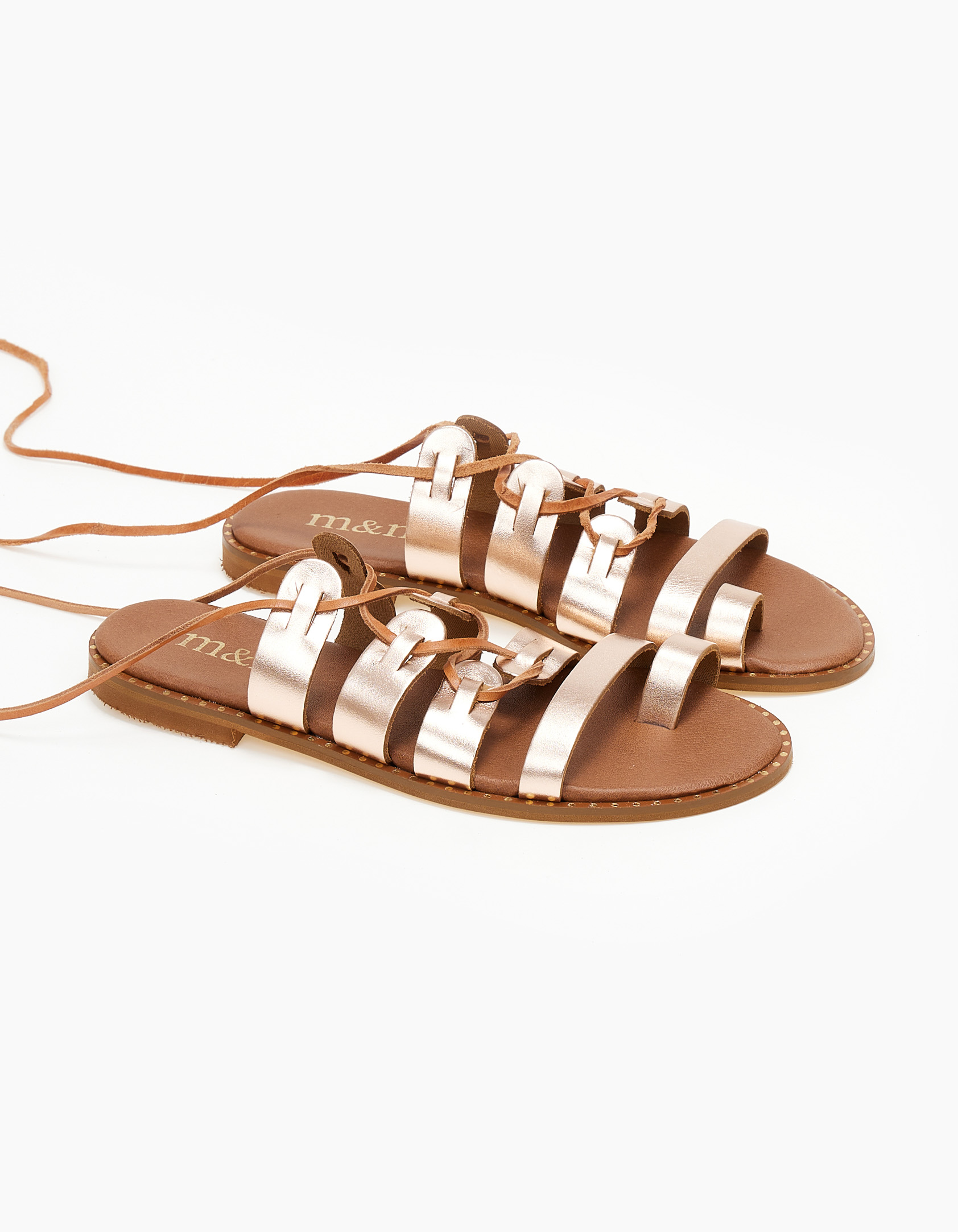 Lace up δερμάτινα σανδάλια με toe ring - Χαλκός