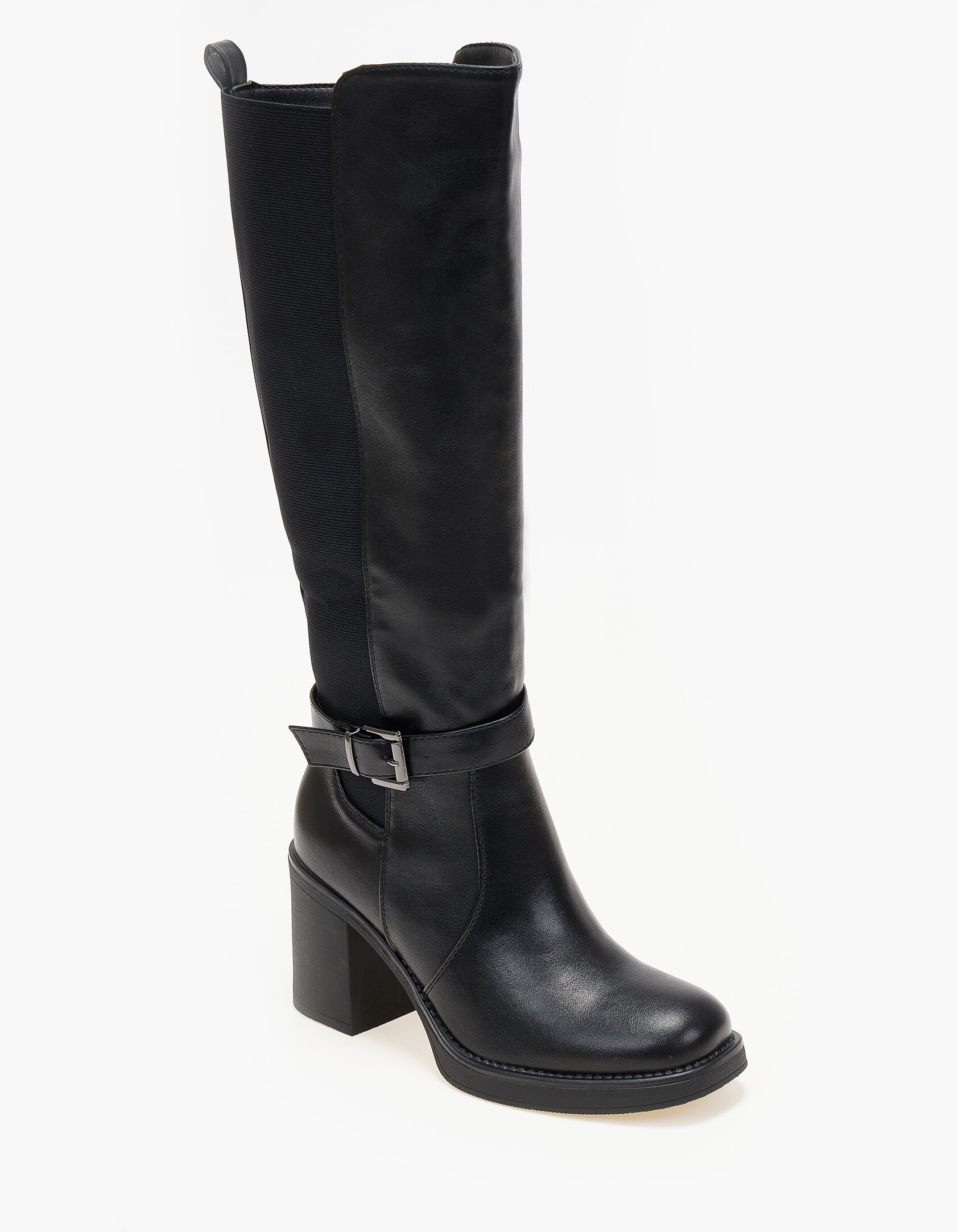 Μπότες με χοντρό τακούνι και διακοσμήτικο ζωνάκι - Μαύρο