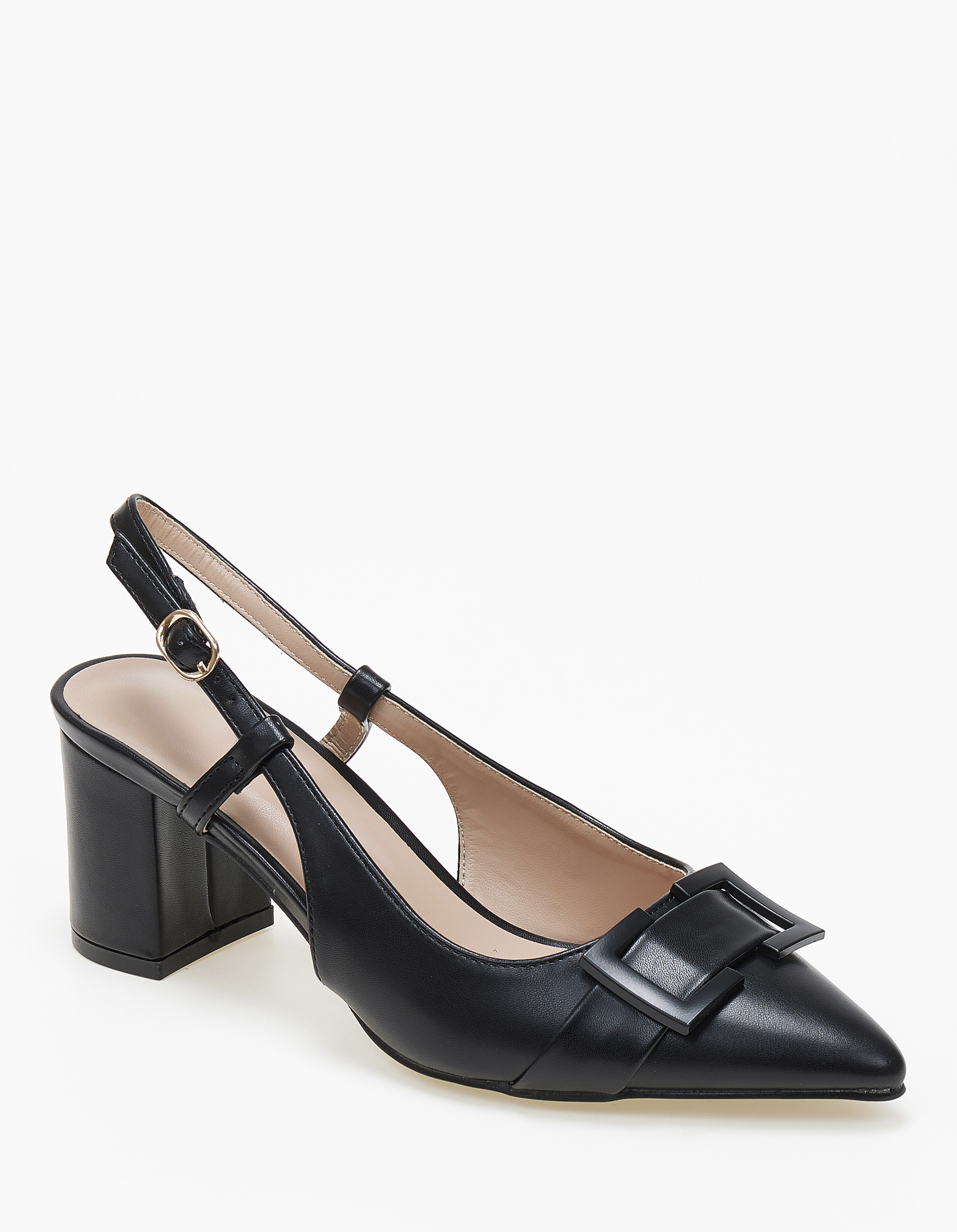 Μυτερές εξώφτερνες γόβες με χοντρό τακούνι και αγκράφα - Μαύρο