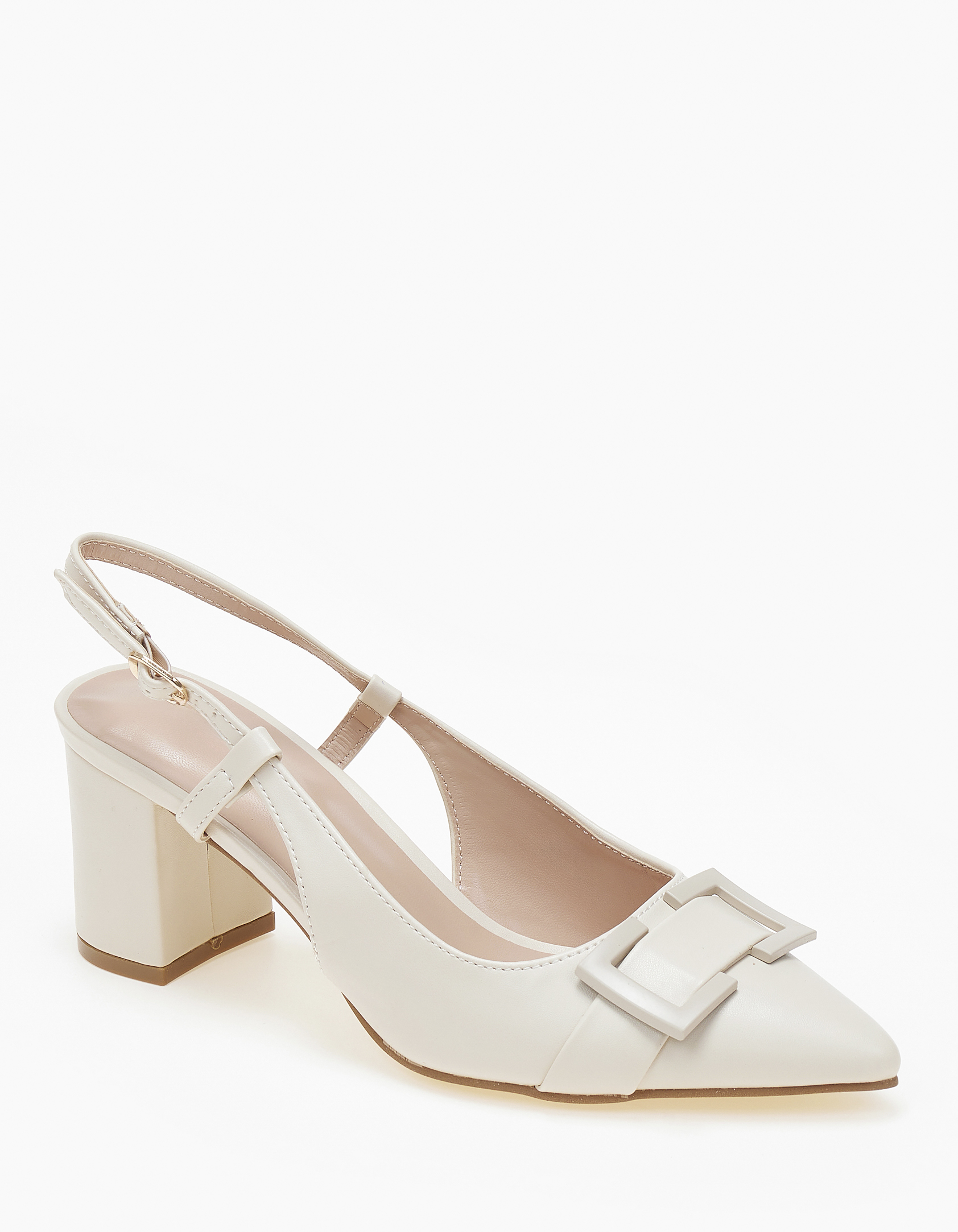 Μυτερές εξώφτερνες γόβες με χοντρό τακούνι και αγκράφα - Μπεζ