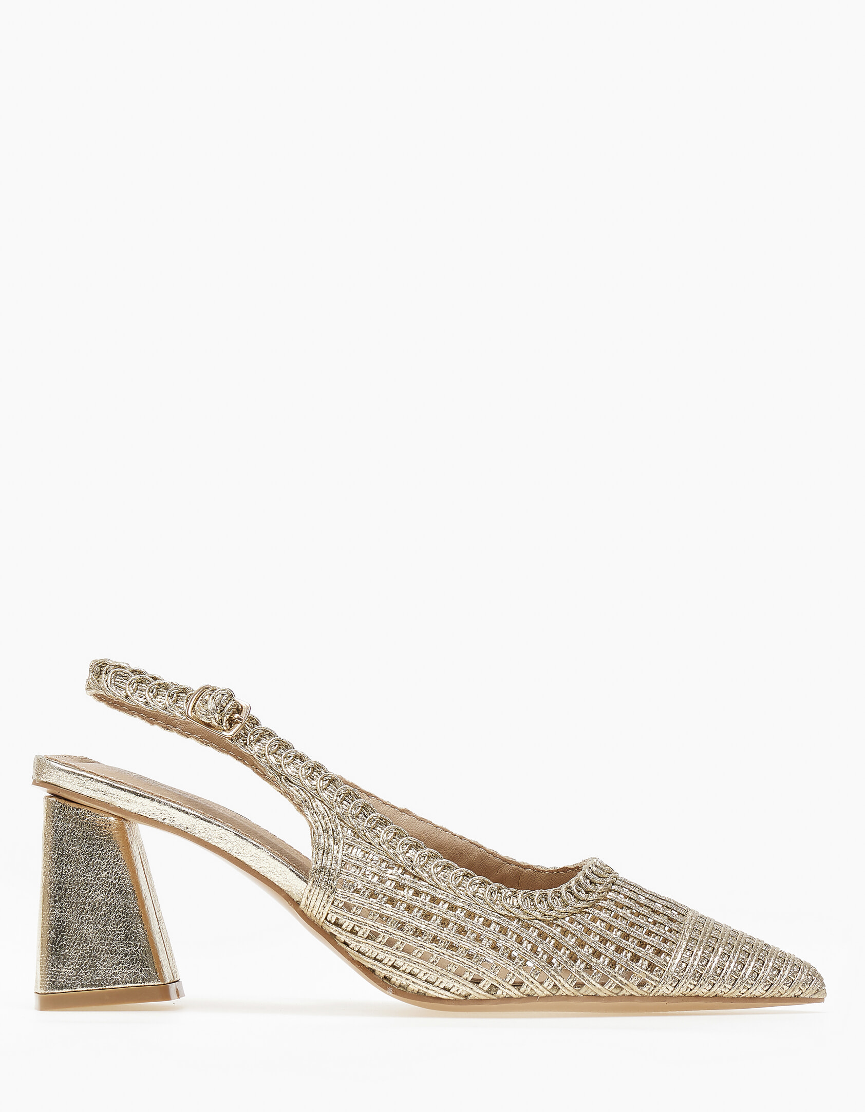 Μυτερές εξώφτερνες γόβες με χοντρό τακούνι και ψάθινο σχέδιο - Χρυσό