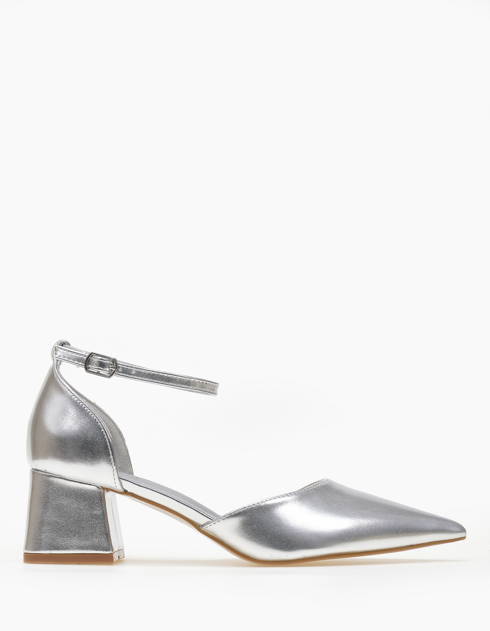 Μυτερές γόβες με χοντρό τακούνι και μπαρέτα - Ασημί φωτογραφία