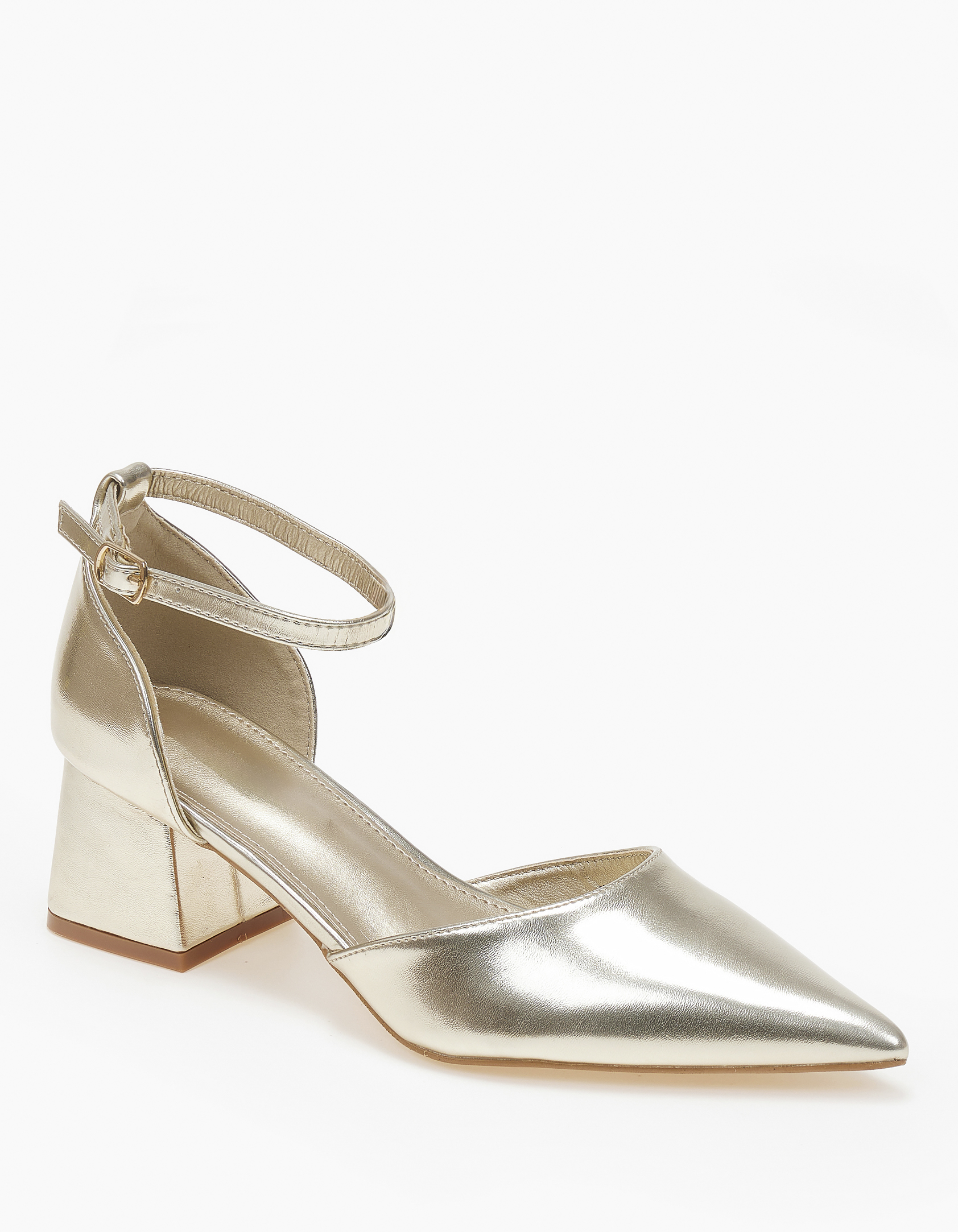 Μυτερές γόβες με χοντρό τακούνι και μπαρέτα - Χρυσό