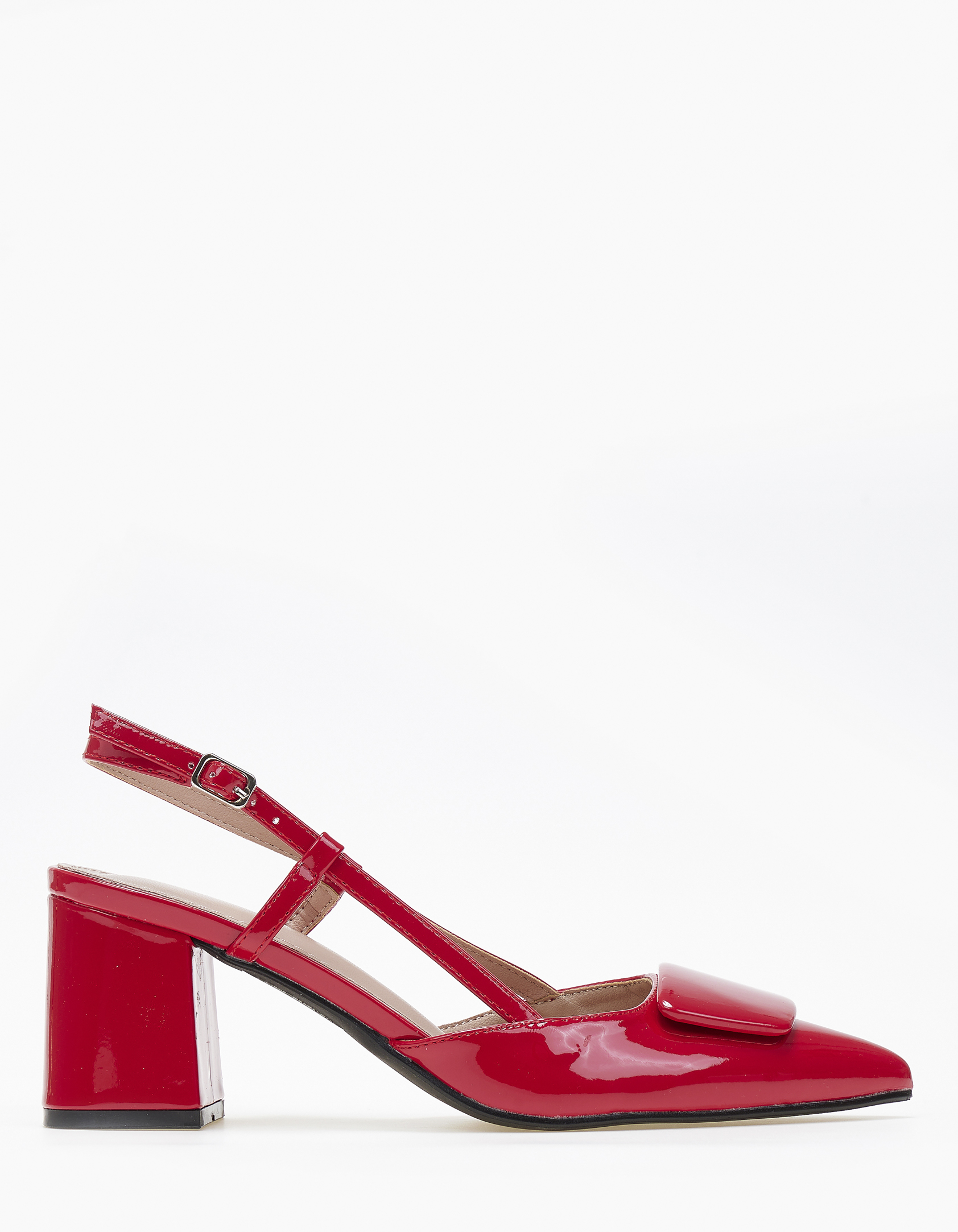 Open heel μυτερές γόβες λουστρίνι με χοντρό τακούνι - Κόκκινο φωτογραφία