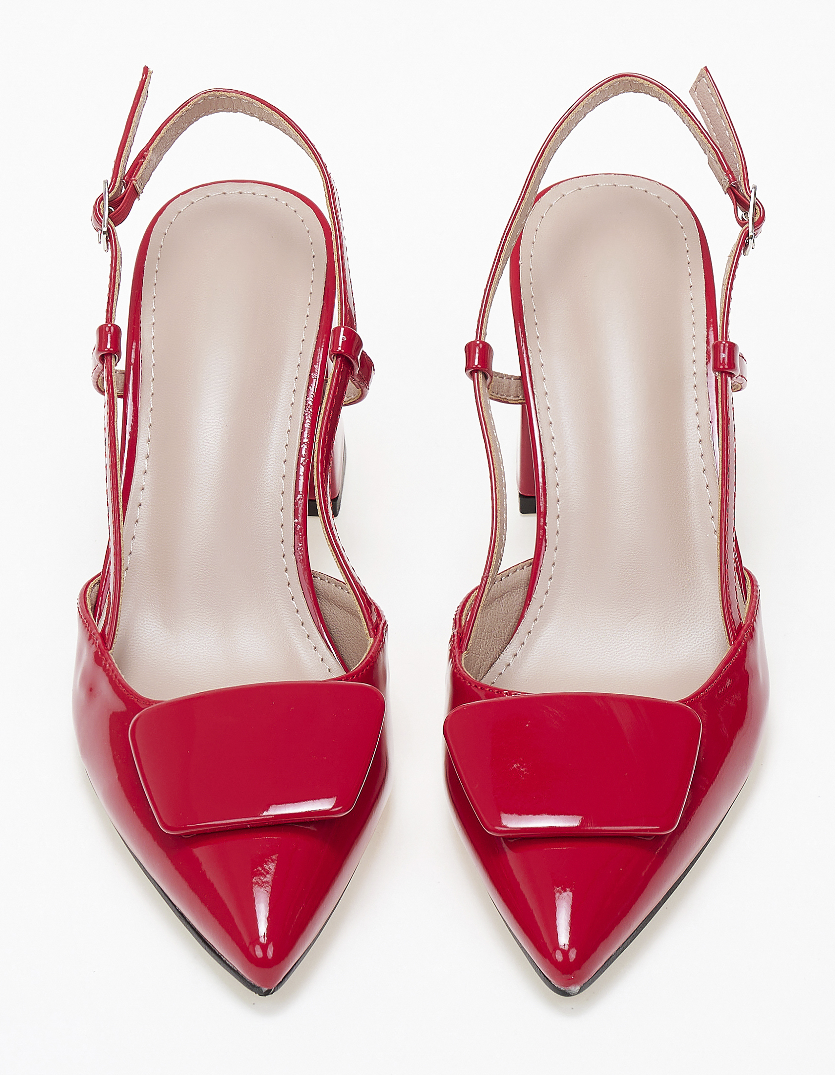Open heel μυτερές γόβες λουστρίνι με χοντρό τακούνι - Κόκκινο φωτογραφία