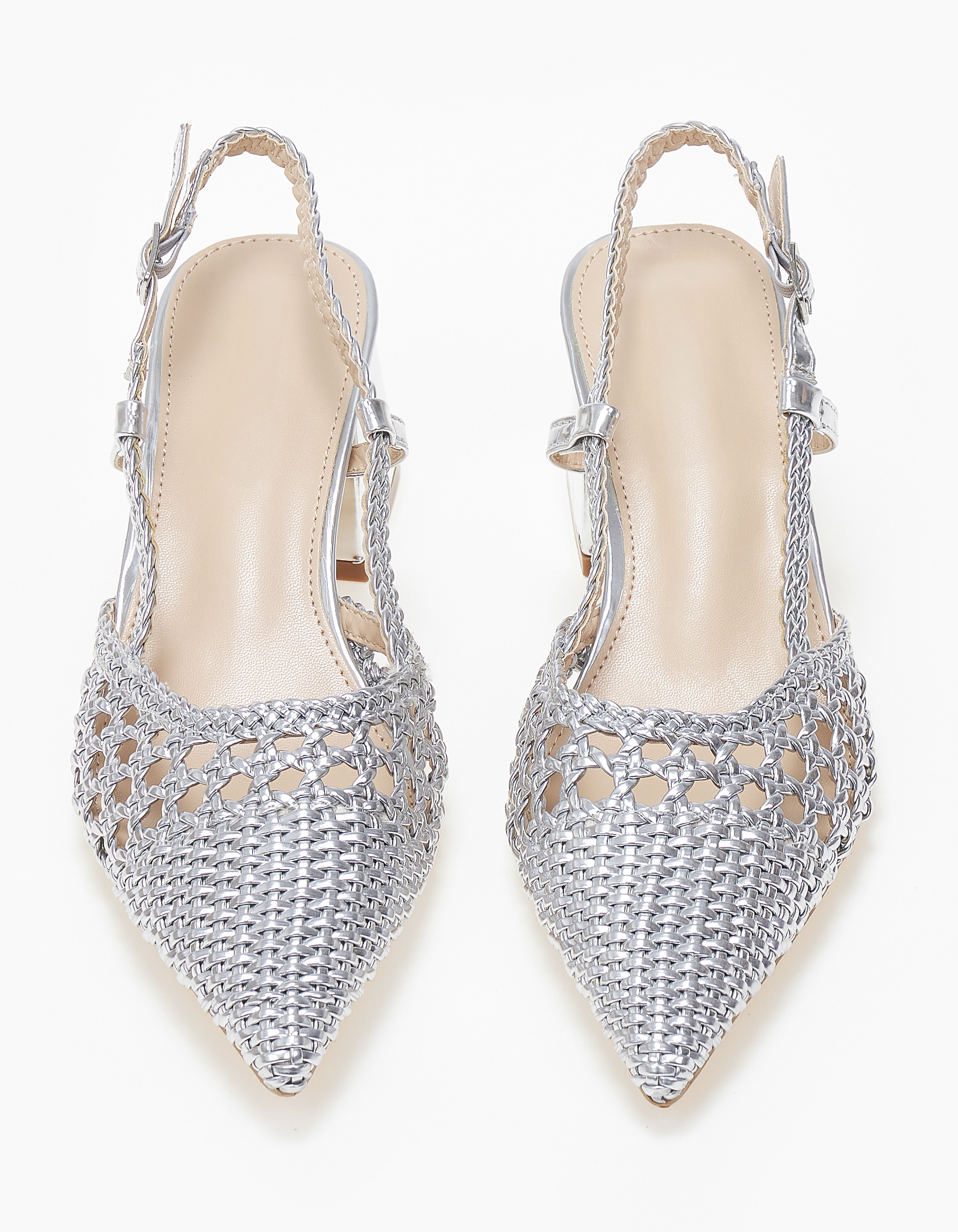 Open heel μυτερές γόβες με χοντρό τακούνι και πλεκτό σχέδιο - Ασημί φωτογραφία