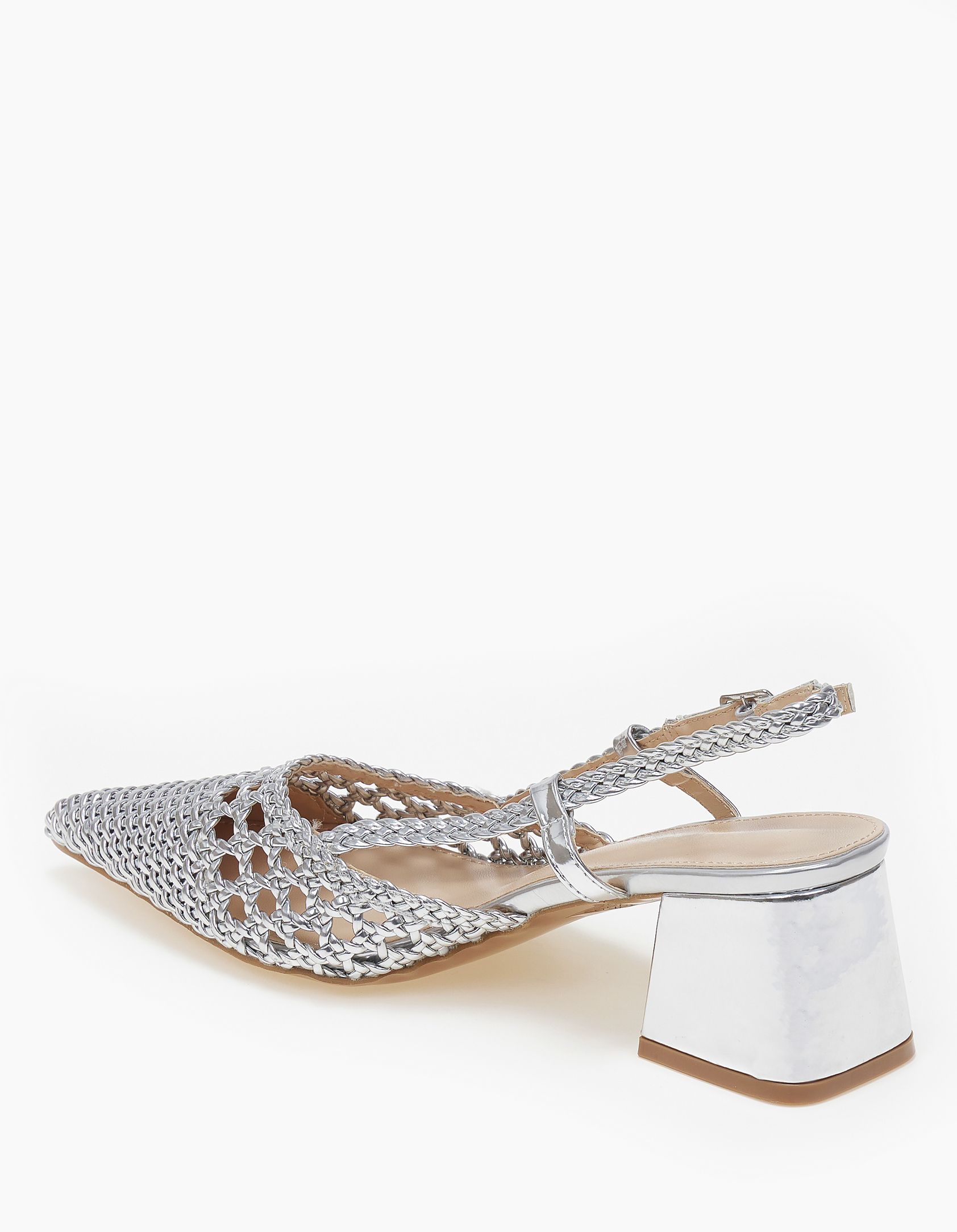 Open heel μυτερές γόβες με χοντρό τακούνι και πλεκτό σχέδιο - Ασημί φωτογραφία