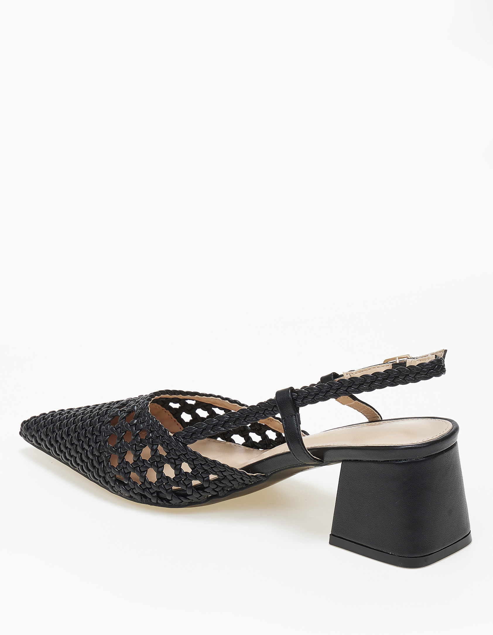 Open heel μυτερές γόβες με χοντρό τακούνι και πλεκτό σχέδιο - Μαύρο φωτογραφία