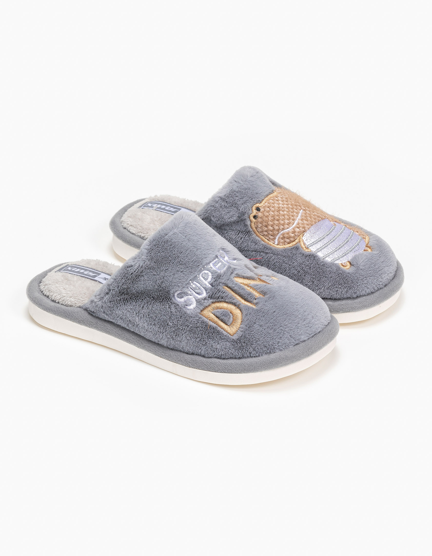 Γούνινες παιδικές παντόφλες με κέντημα - Γκρι