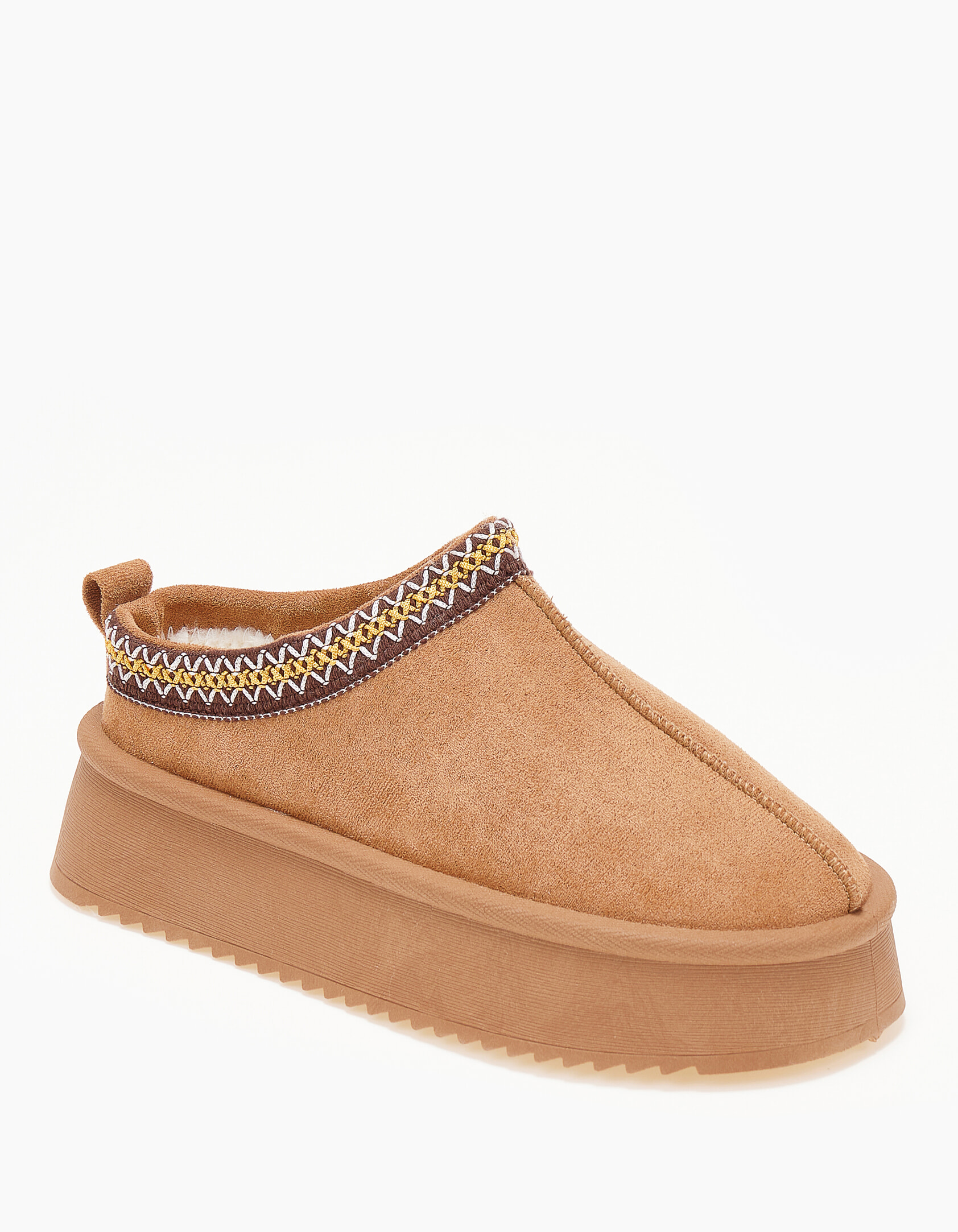 Παντόφλες δίσολες με κέντημα και εσωτερική γούνα - Κάμελ