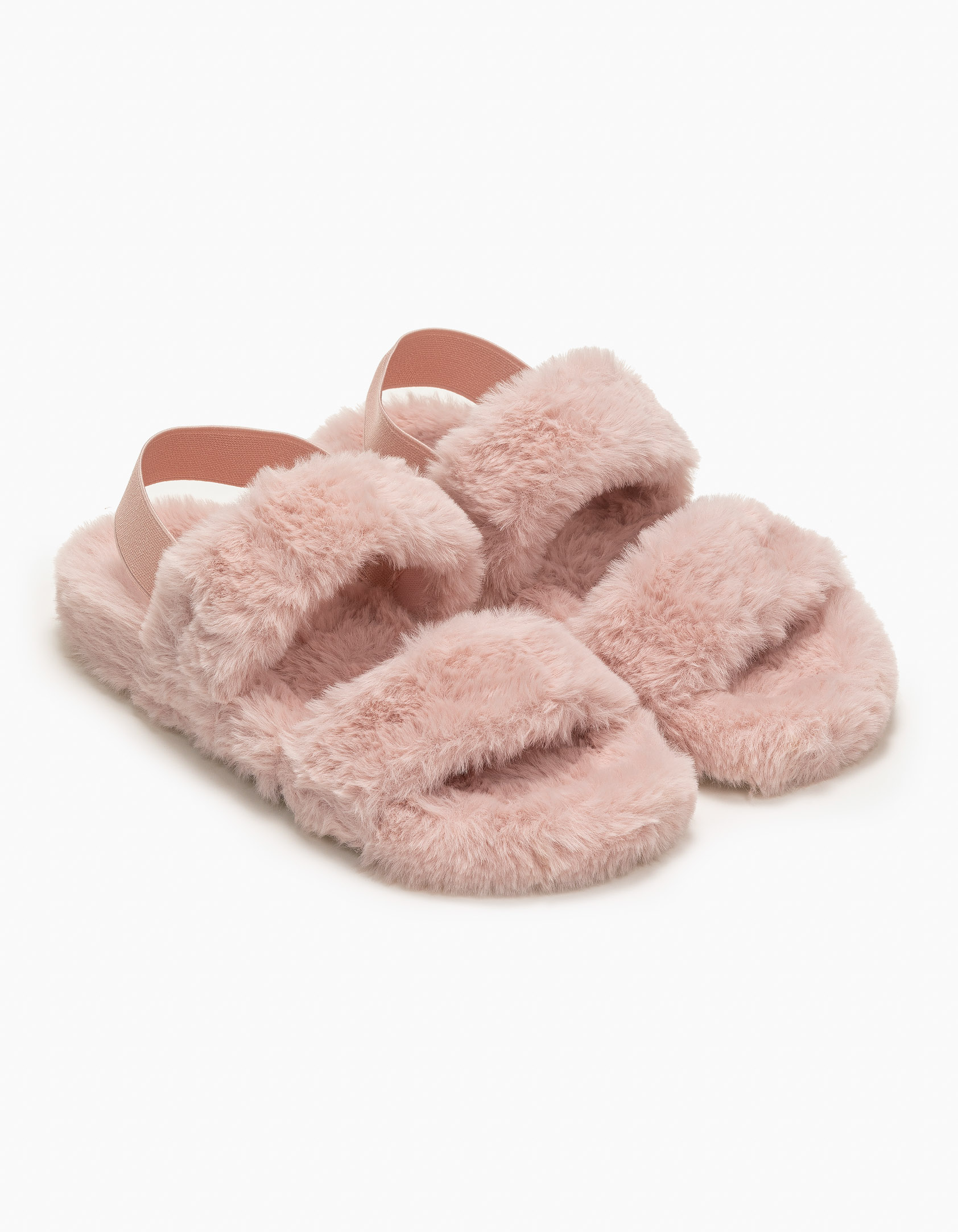 Γούνινες παντόφλες με δύο φάσες - Ροζ