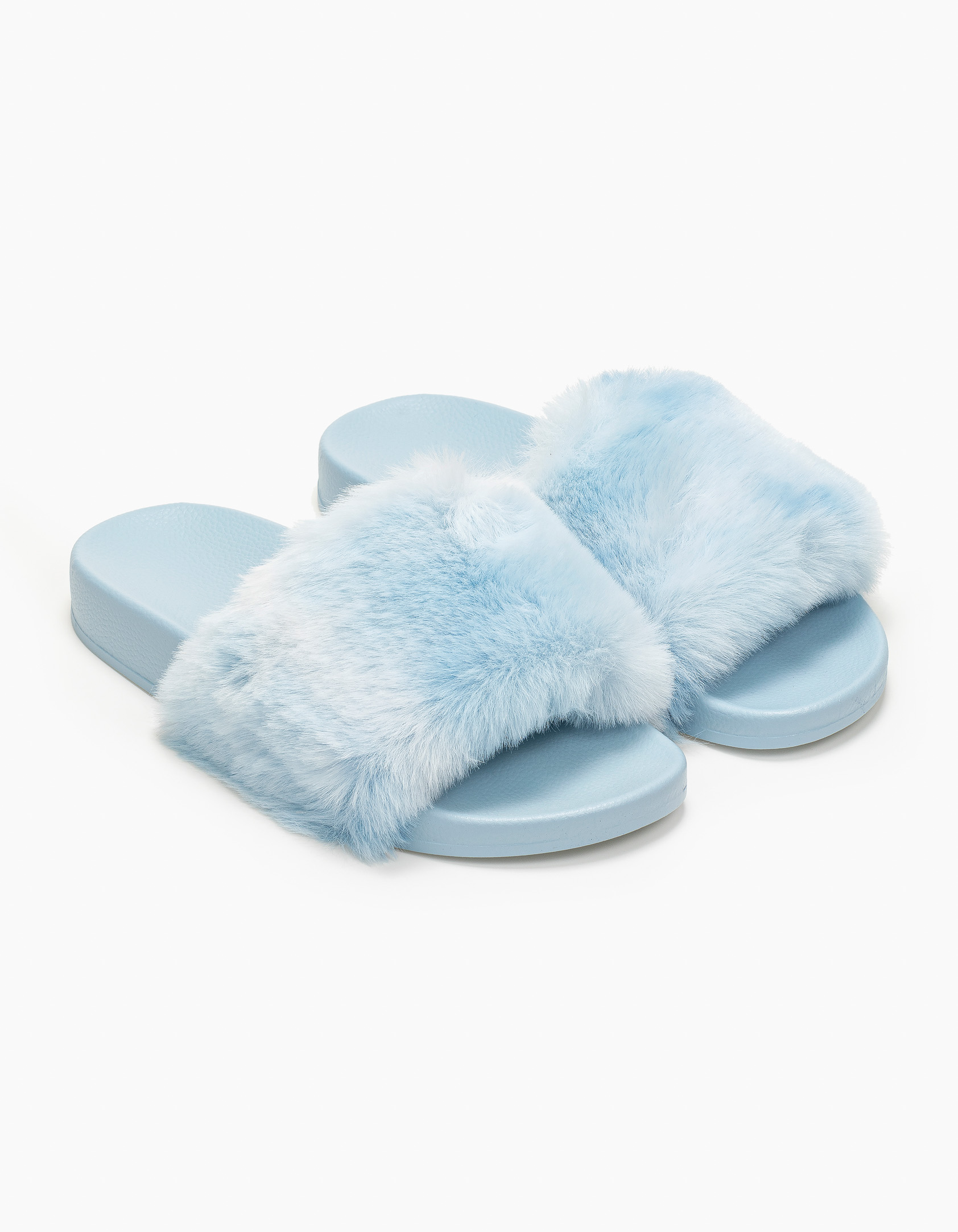 Παντόφλες με φάσα από γούνα - Γαλάζιο