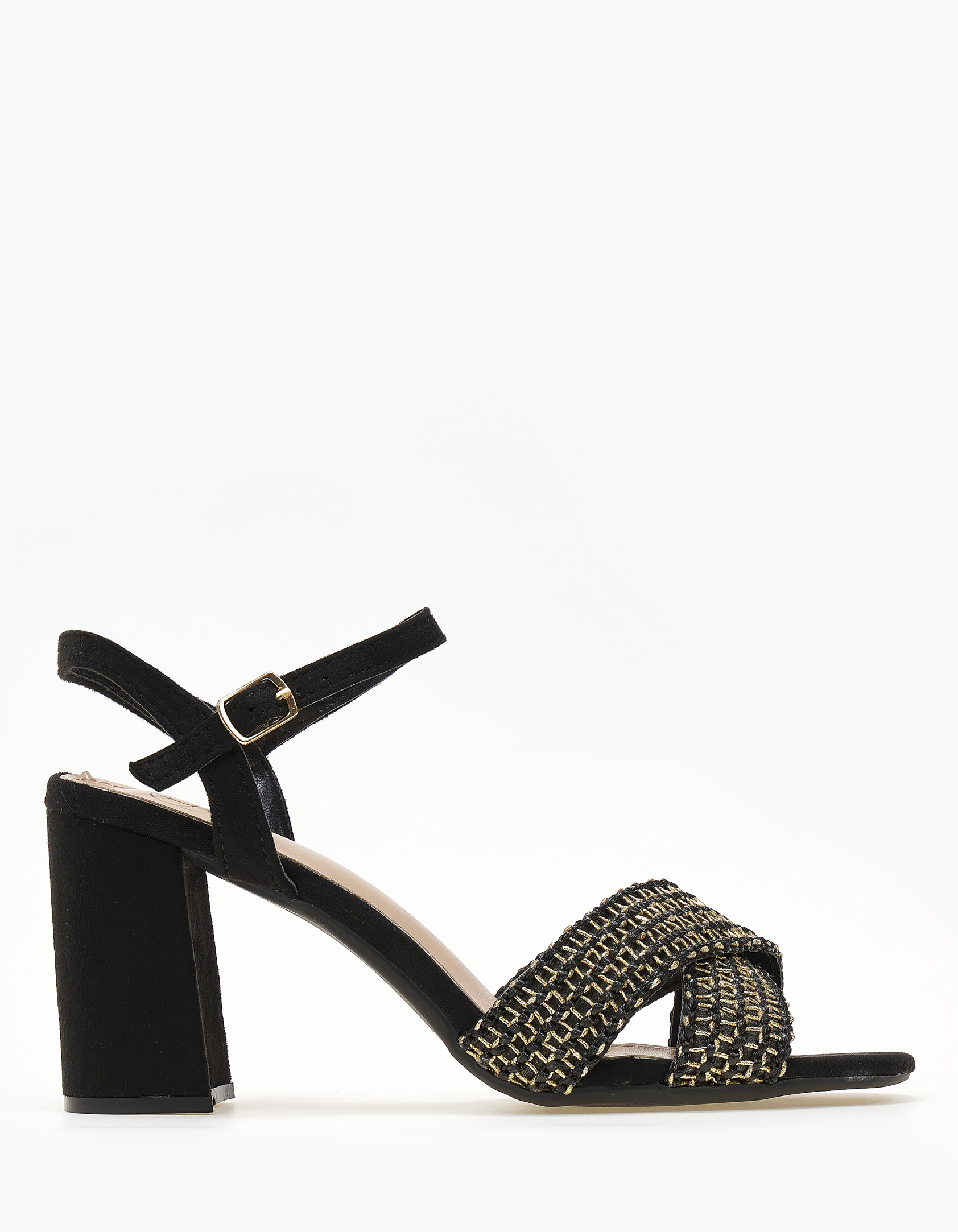 Πέδιλα με χοντρό τακούνι και χιαστί σχέδιο με χρυσοκλωστή - Μαύρο φωτογραφία