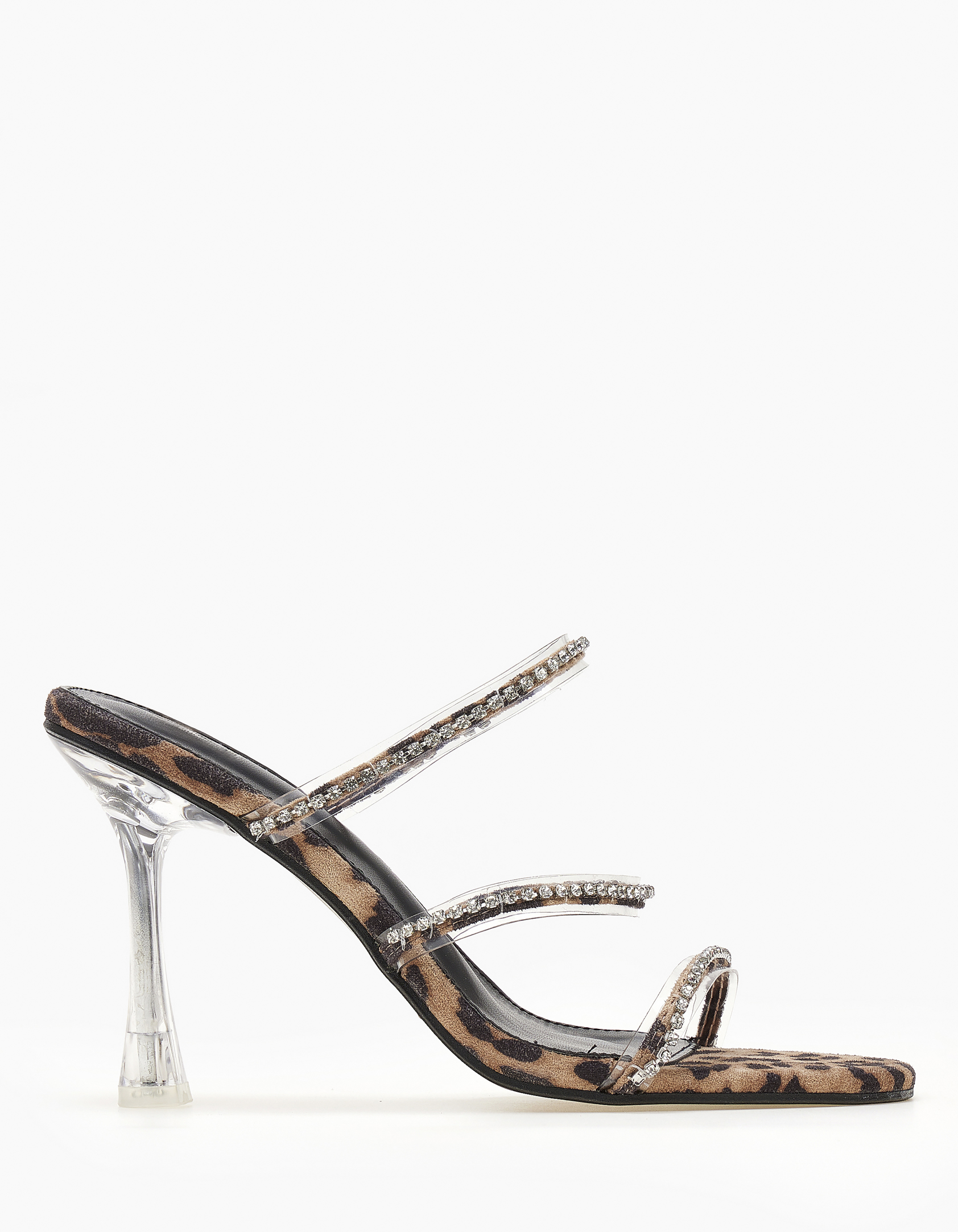 Ψηλά mules με διάφανο τακούνι και στρας - Λεοπάρ φωτογραφία